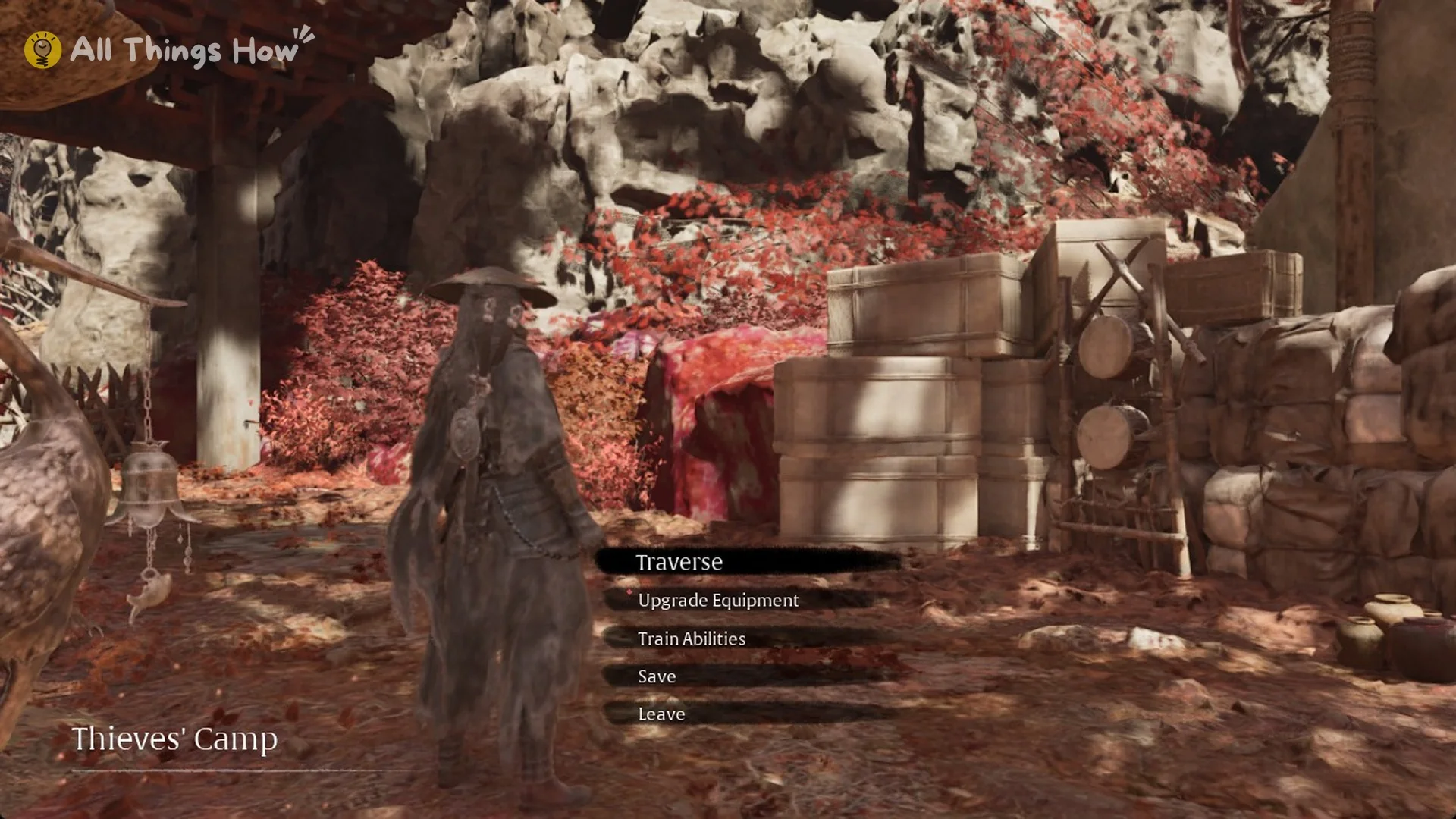 Thieves' Camp bell menu with Traverse, Upgrade Equipment, Train Abilities, Save and Leave in Phantom Blade Zero