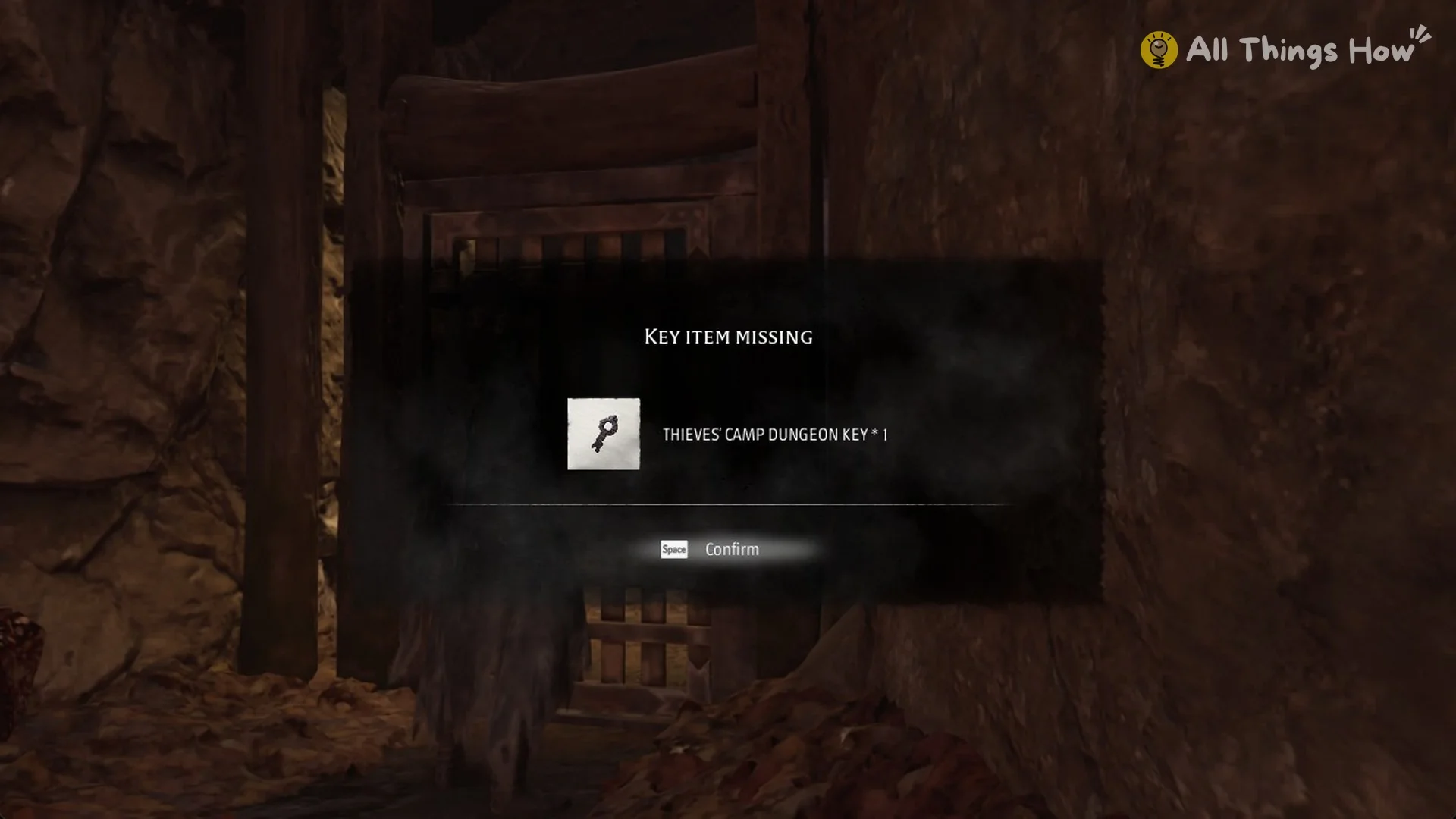 Key item missing message for the Thieves' Camp Dungeon Key at the cave gate behind the Thieves' Camp, Phantom Blade Zero