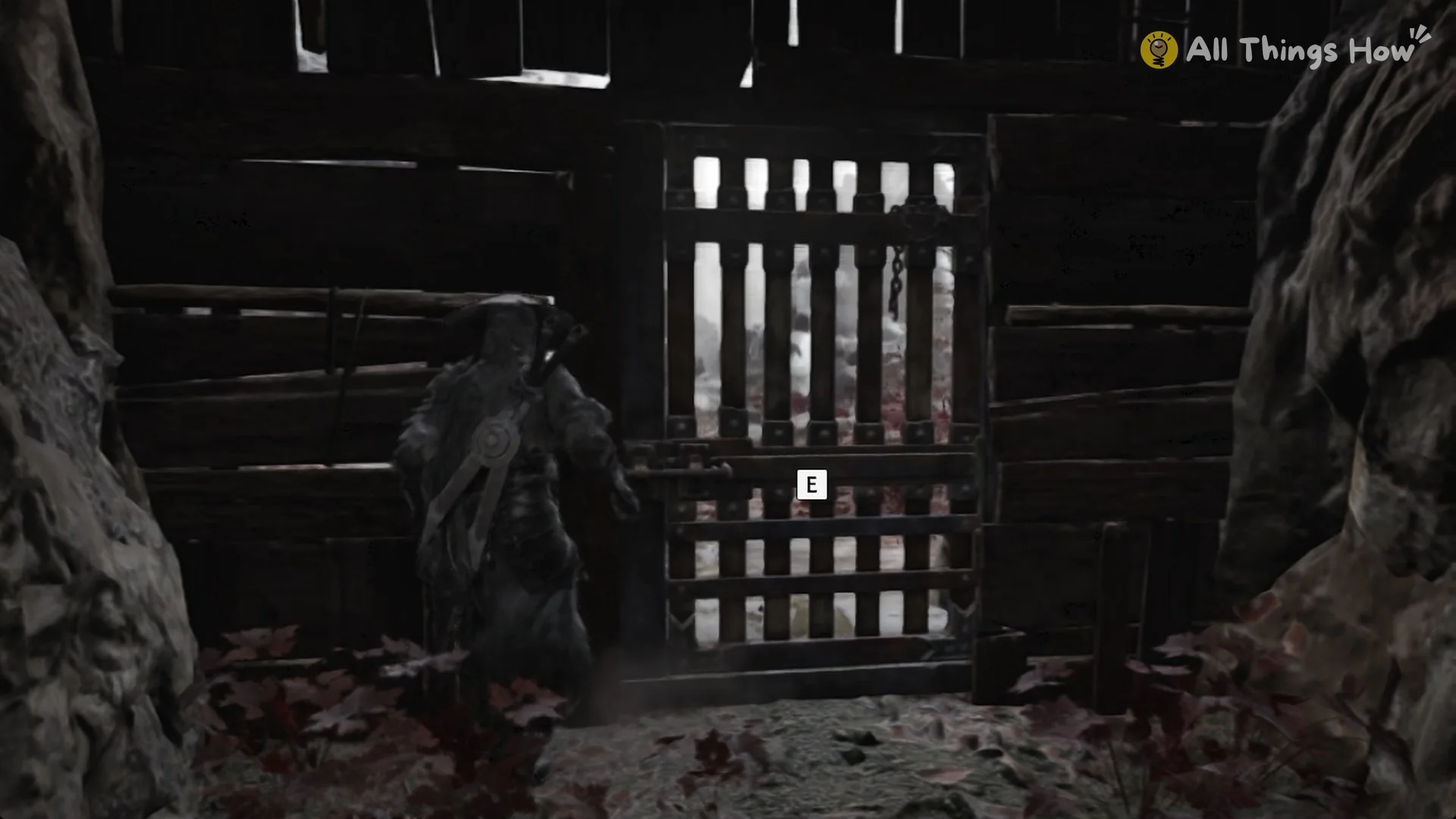 Soul at the barred wooden gate with the E prompt in the storehouse cellar, Phantom Blade Zero