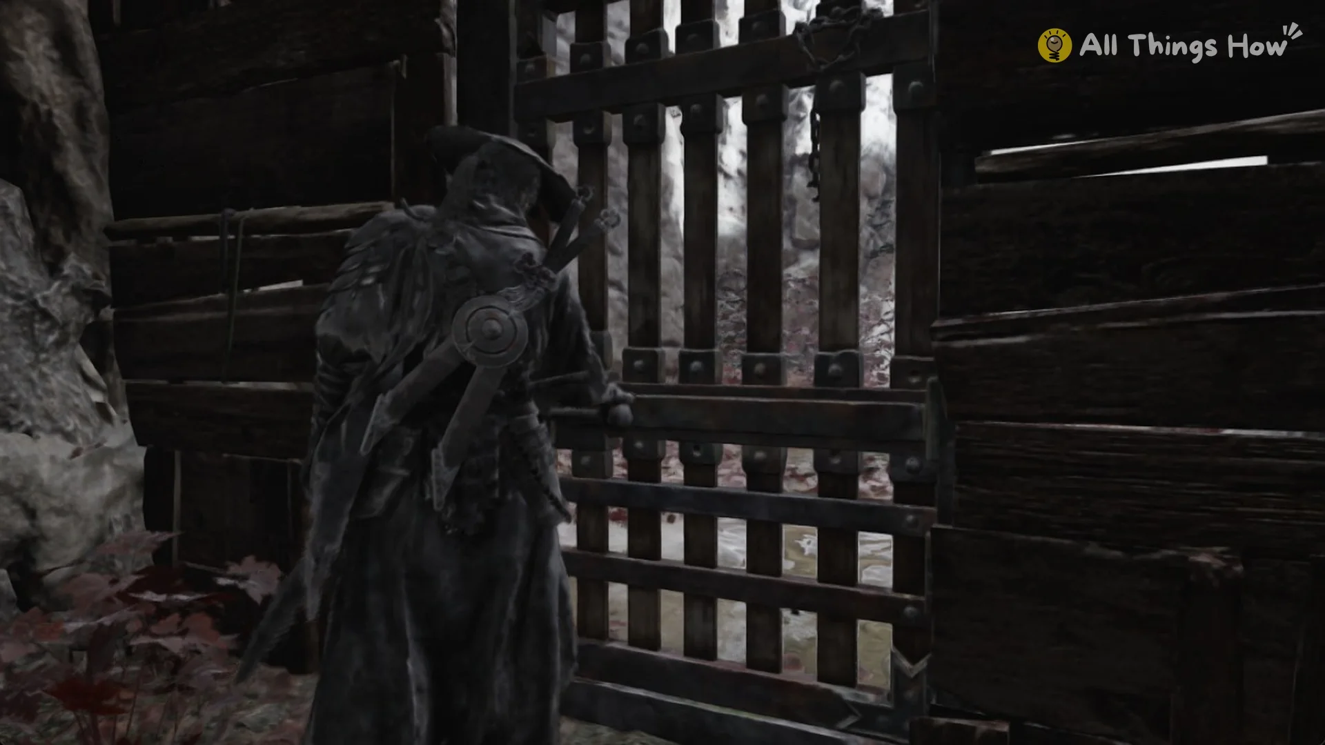 Soul pushing the barred wooden gate open at the end of the cellar corridor, Phantom Blade Zero