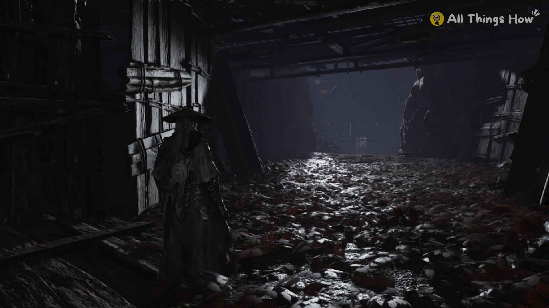 Soul walking down the rubble-floored corridor out of the storehouse cellar, Phantom Blade Zero