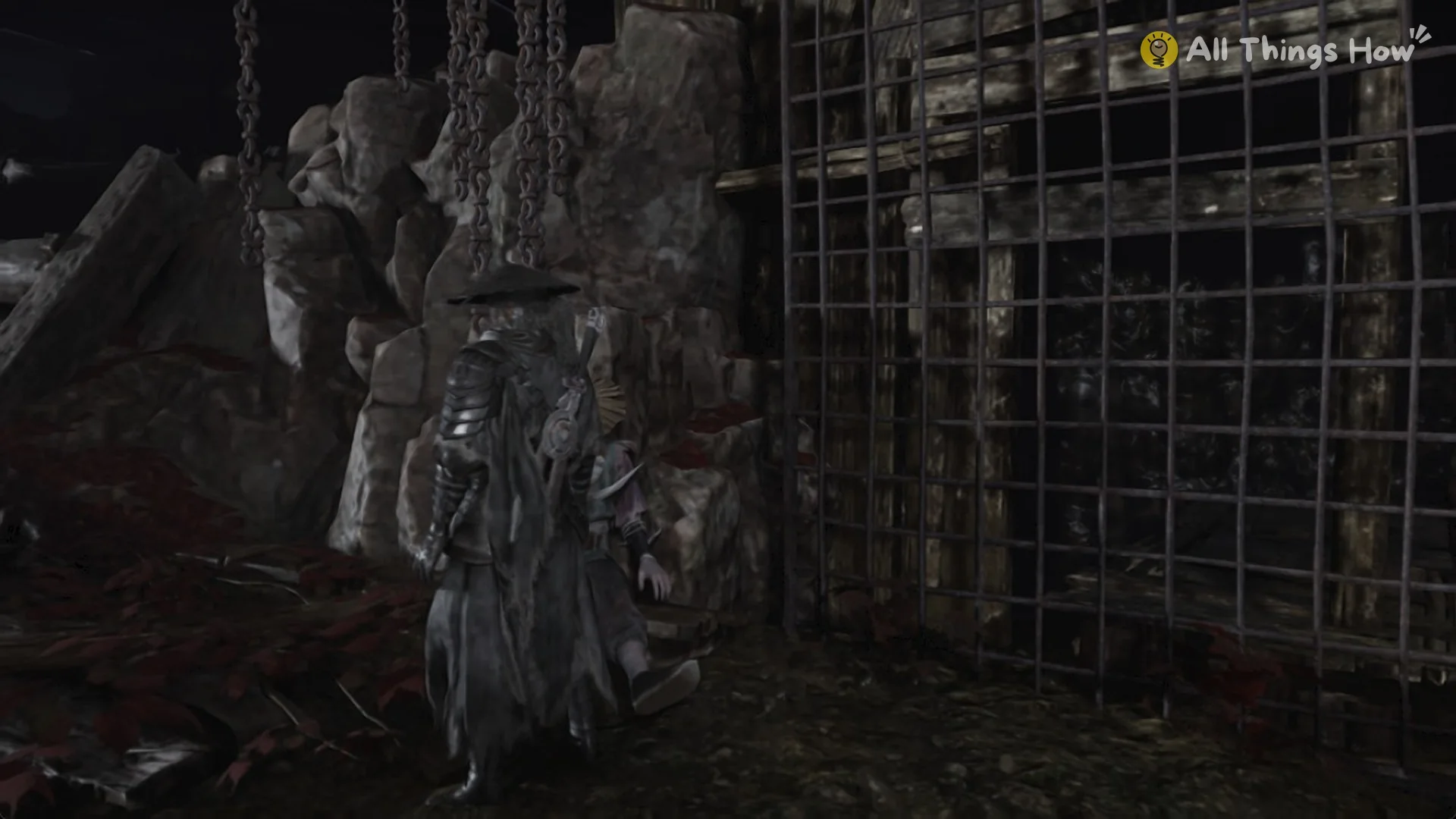 Soul on the key ledge by the iron grille and hanging chains in the Crimson Forest storehouse cellar, Phantom Blade Zero