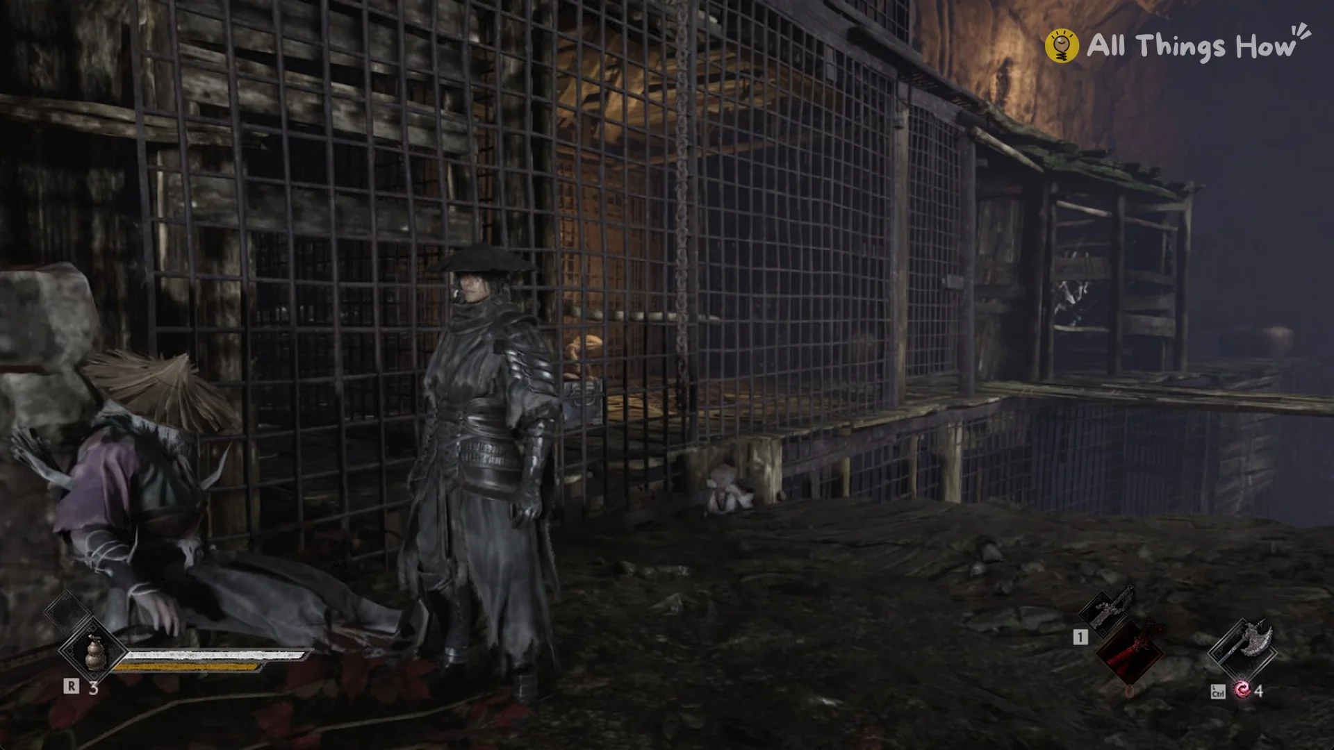 Soul on the rocky ledge beside the iron grille in the Crimson Forest storehouse cellar, Phantom Blade Zero