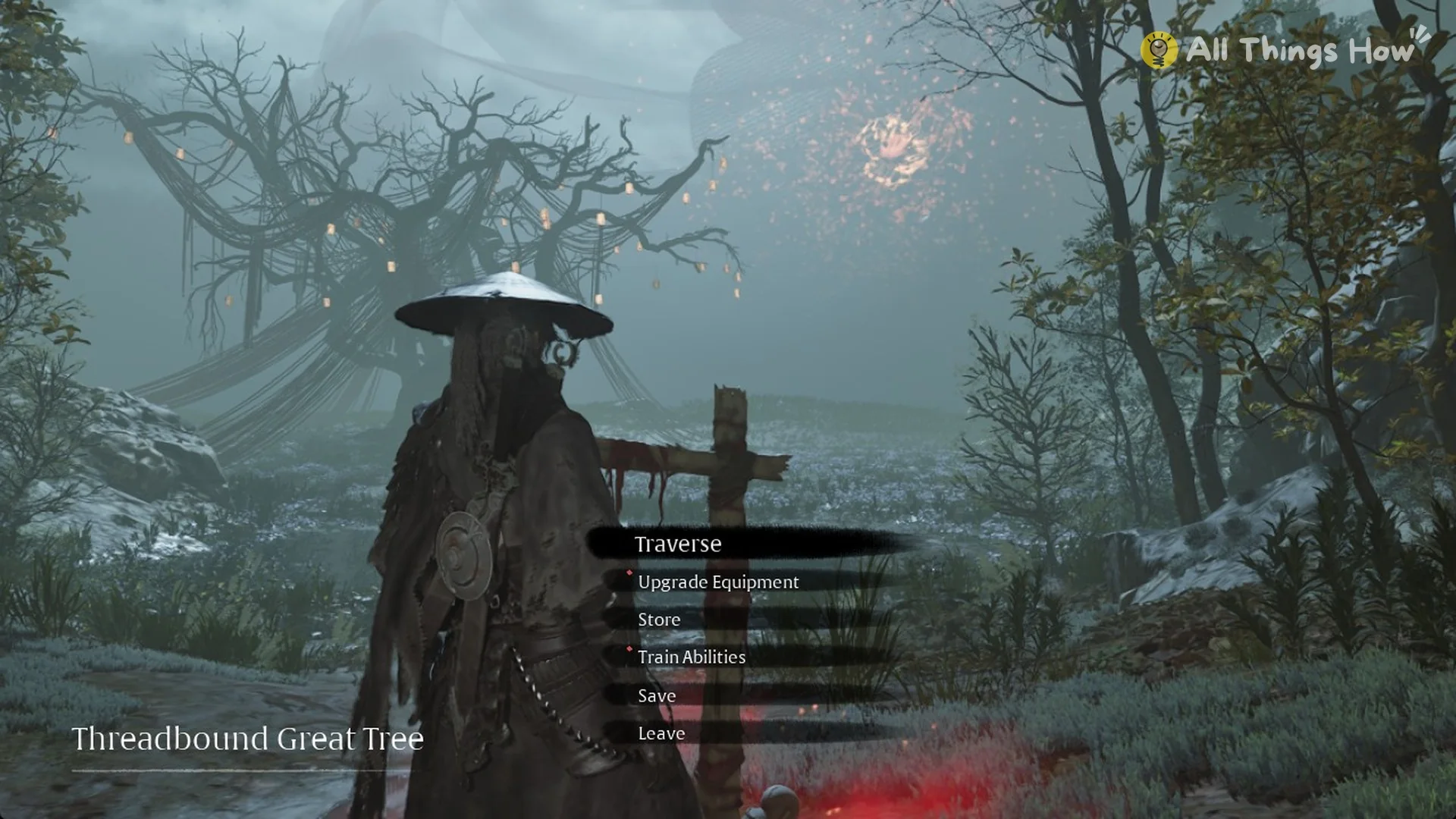 The Threadbound Great Tree bell menu with Traverse, Upgrade Equipment, Store, Train Abilities, Save and Leave, Phantom Blade Zero
