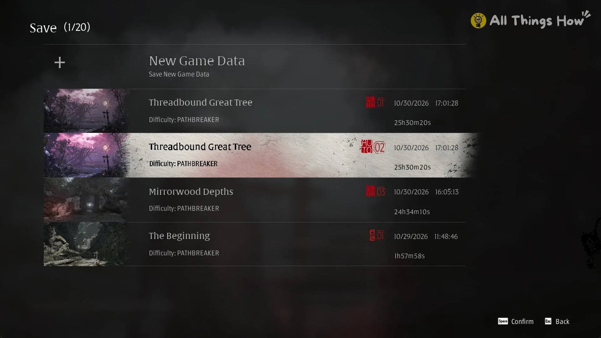 The save list showing Threadbound Great Tree autosave entries, Phantom Blade Zero