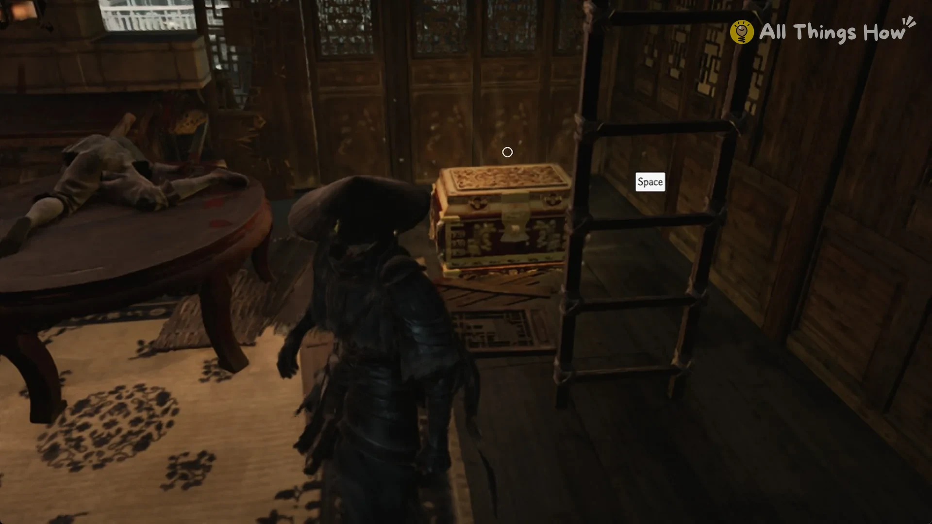 The lacquered chest beside a wooden ladder in the upper-floor room in Pangzhen that holds the Thunder Core, Phantom Blade Zero