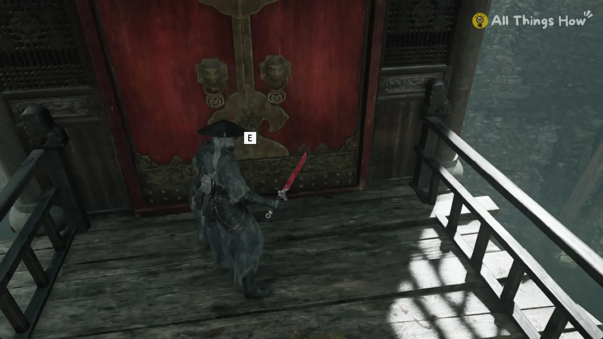 Soul at the red double door with lion-head knockers and the E prompt in Phantom Blade Zero