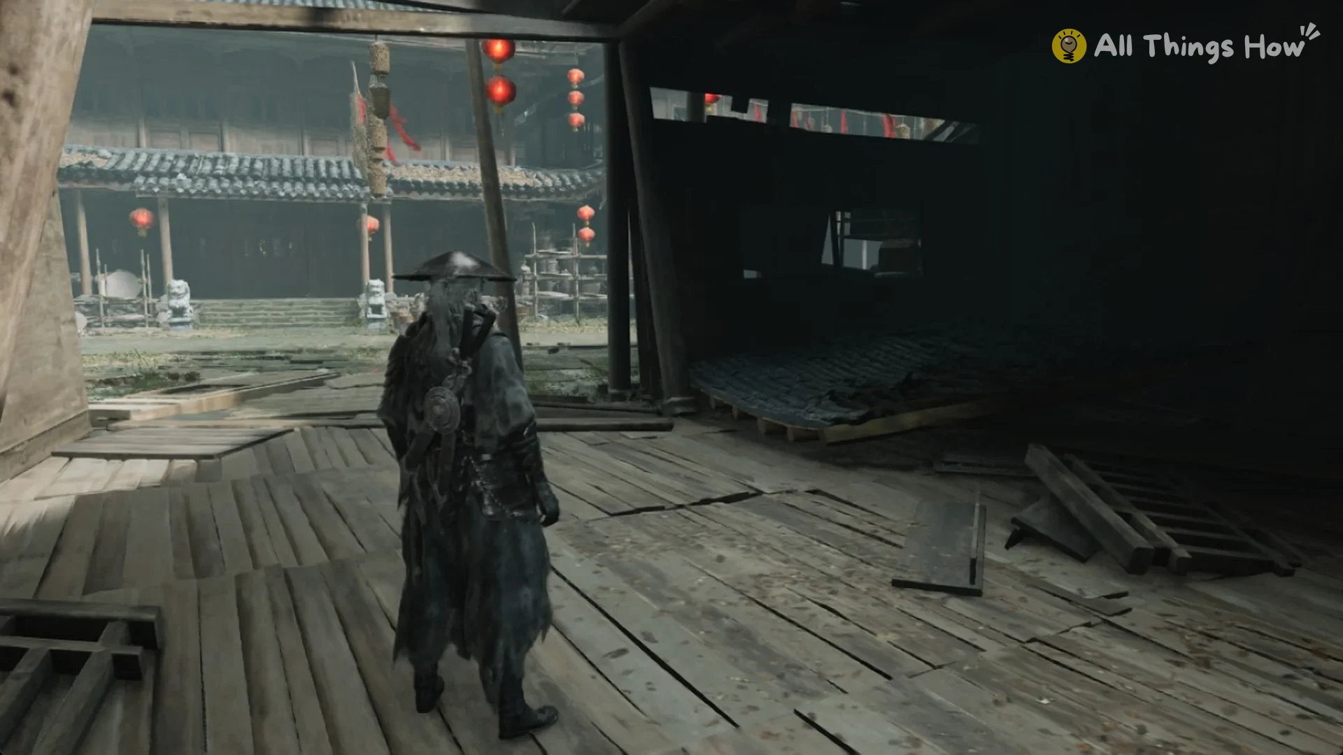 The boardwalk under the stilt houses with the lantern courtyard ahead in Phantom Blade Zero