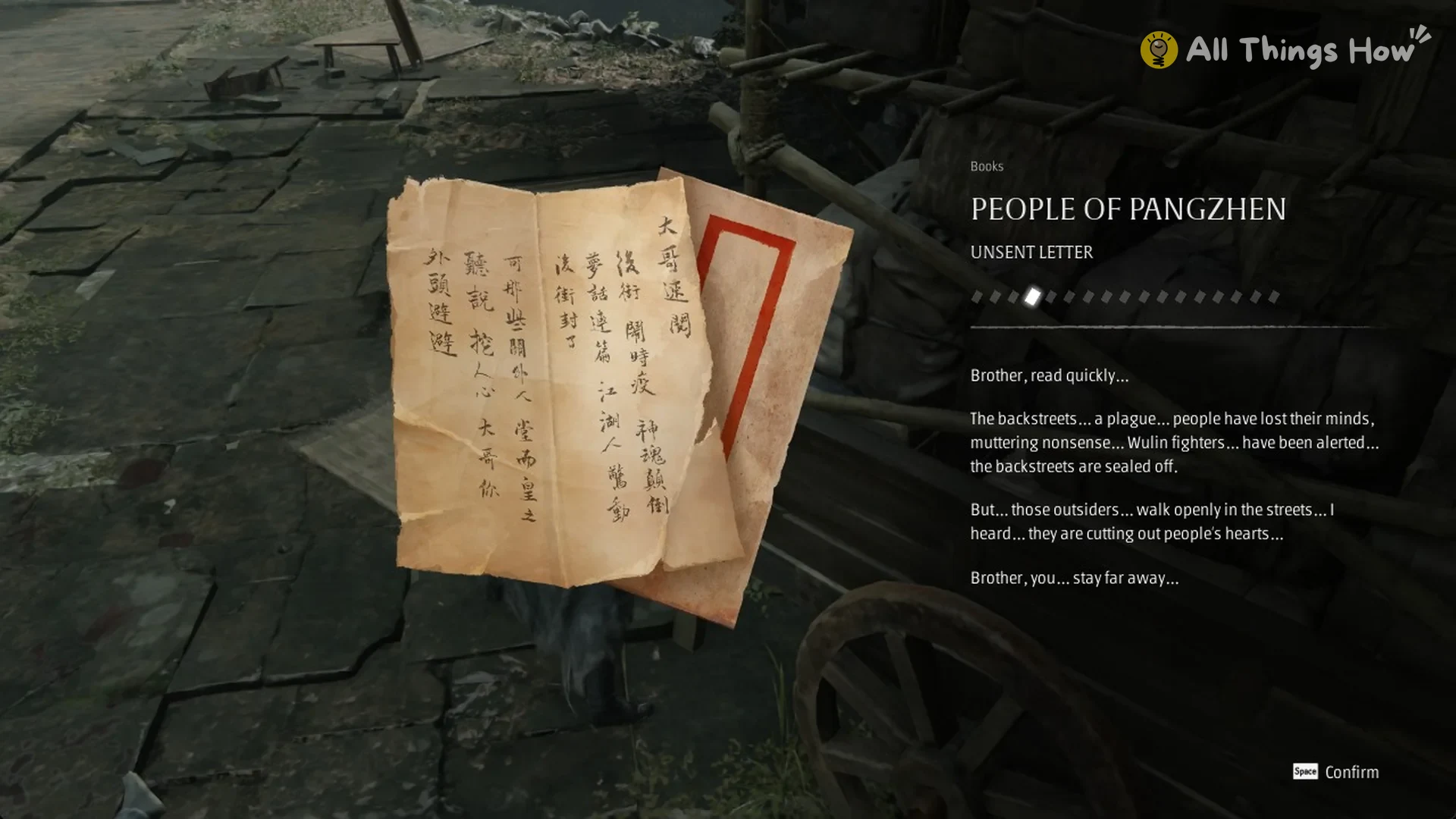 The People of Pangzhen Unsent Letter book page in Phantom Blade Zero