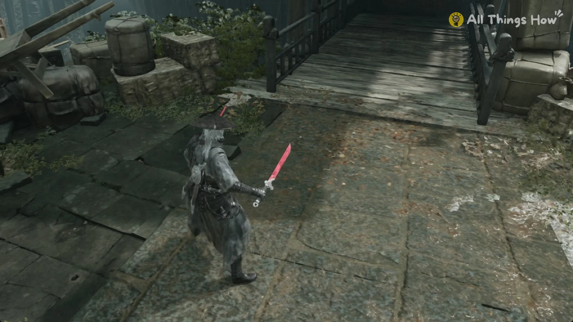 The railed wooden bridge past the lantern courtyard in Phantom Blade Zero