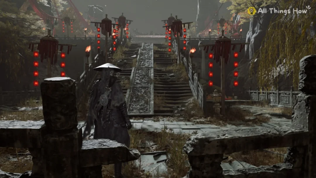 Soul in the courtyard of the Rift, with stairs and red lanterns ahead, in Phantom Blade Zero