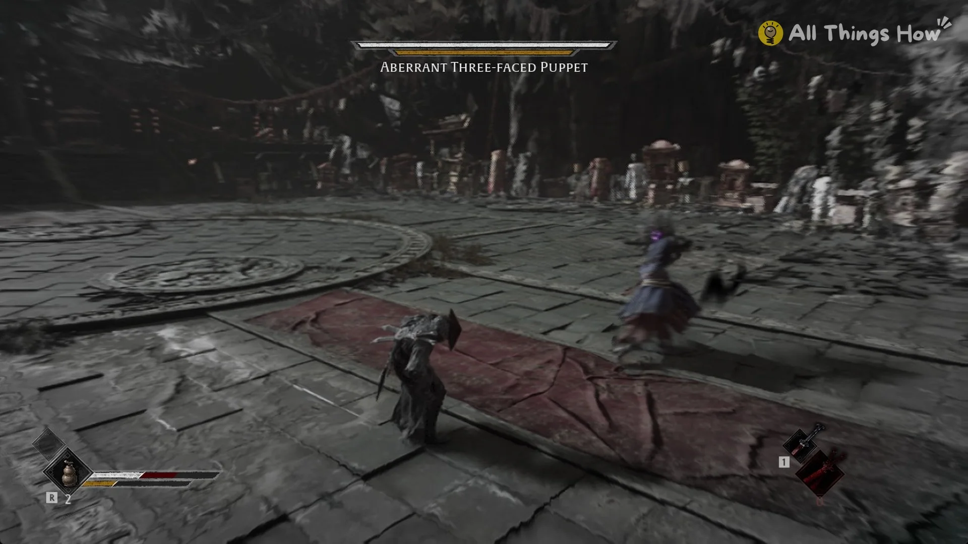 Soul facing the Aberrant Three-faced Puppet in the Rift courtyard with its boss bar on screen in Phantom Blade Zero