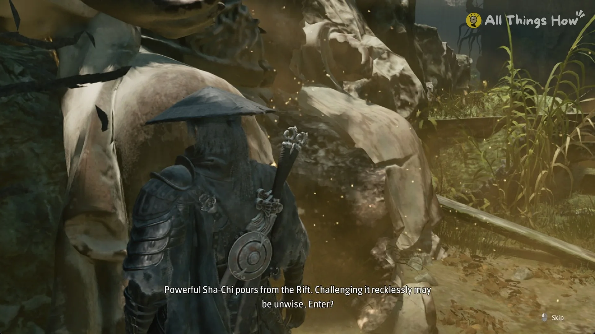 The warning Powerful Sha-Chi pours from the Rift before entering the Aberrant Three-faced Puppet fight in Phantom Blade Zero