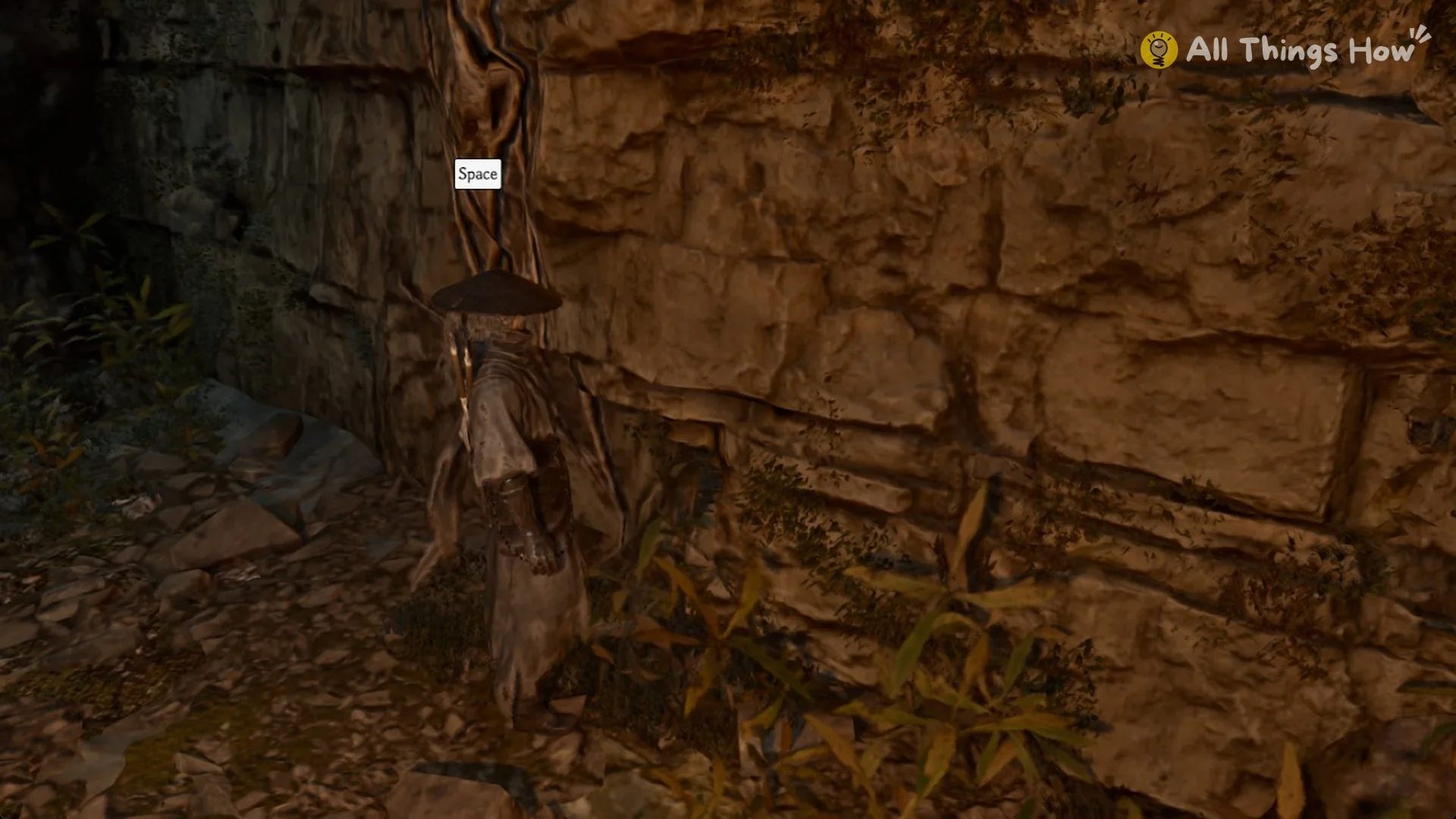 Space prompt at the foot of the brazier-lit wall in the waterfall cave in Phantom Blade Zero