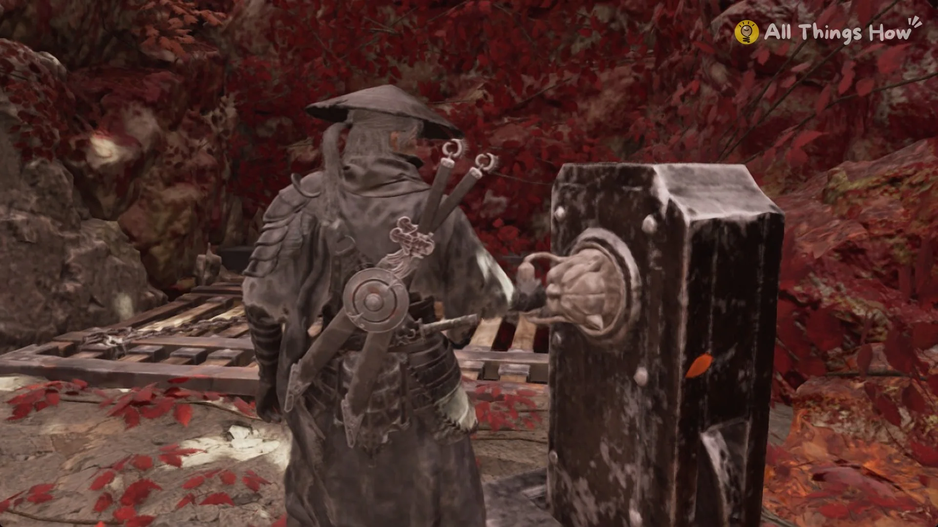 Soul fitting the lion-head crank onto the stone post in Phantom Blade Zero