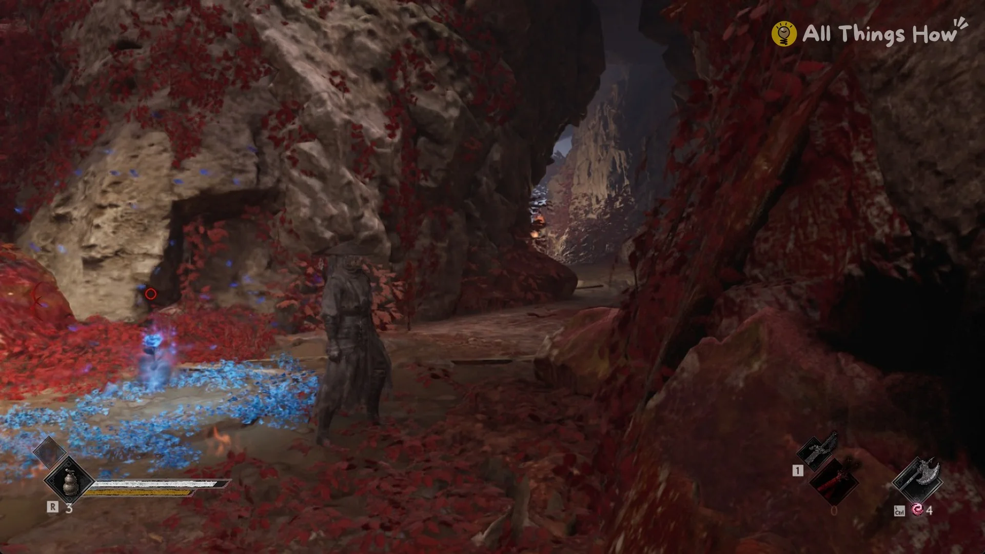 Glowing blue flower bed by a stone lantern under a rock arch west of Outlaw Trap in Phantom Blade Zero