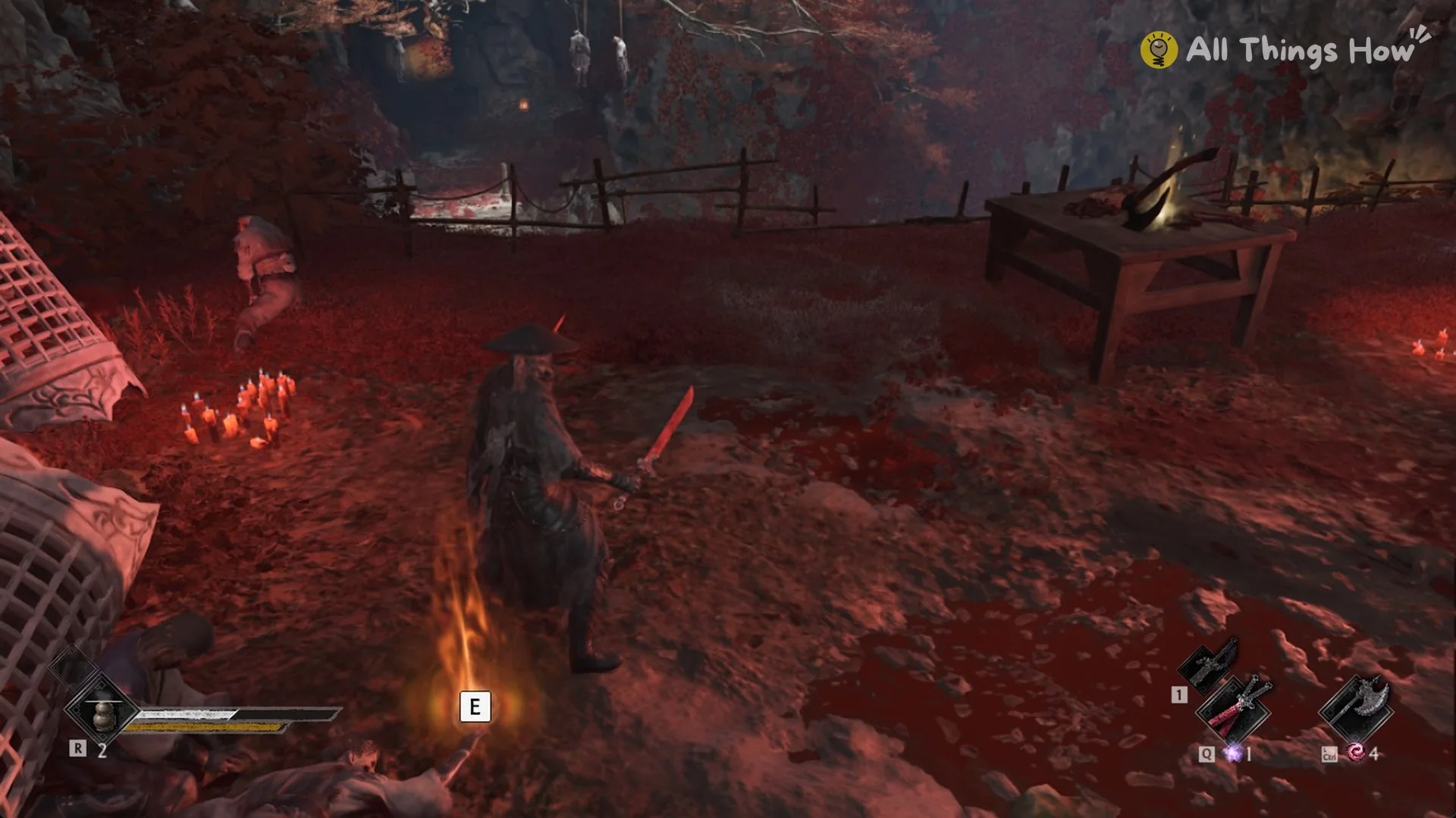 Orange glint with an E prompt beside the Butcher's chopping table in Phantom Blade Zero