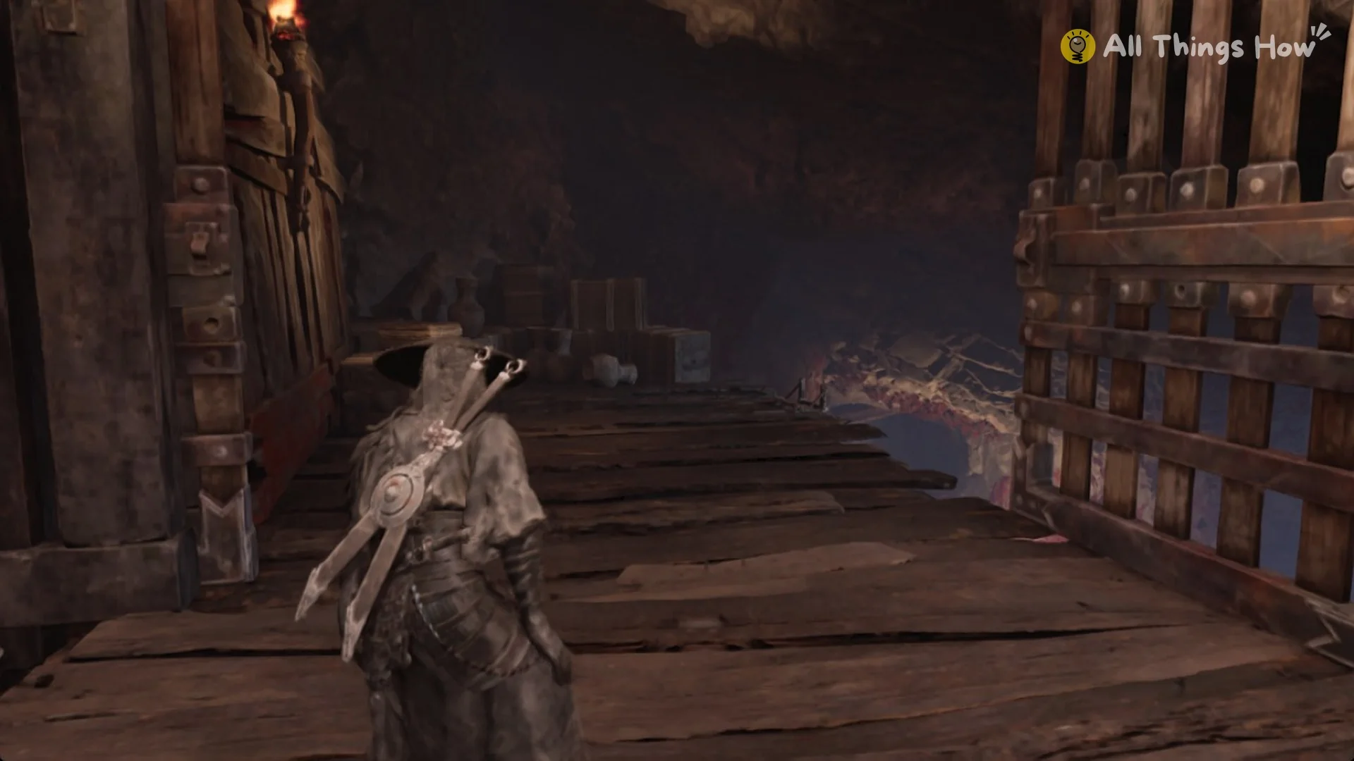 Timbered tunnel with a wooden walkway below the crank shaft in Phantom Blade Zero