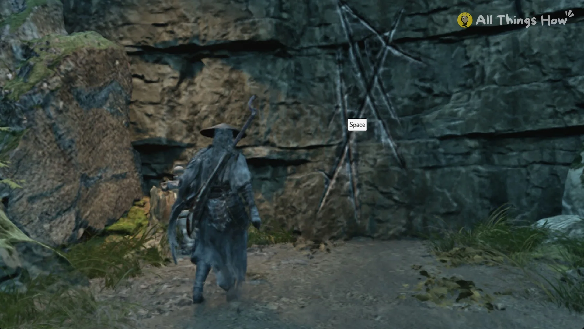 The rock wall with white scratch marks and the Space climb prompt in Phantom Blade Zero