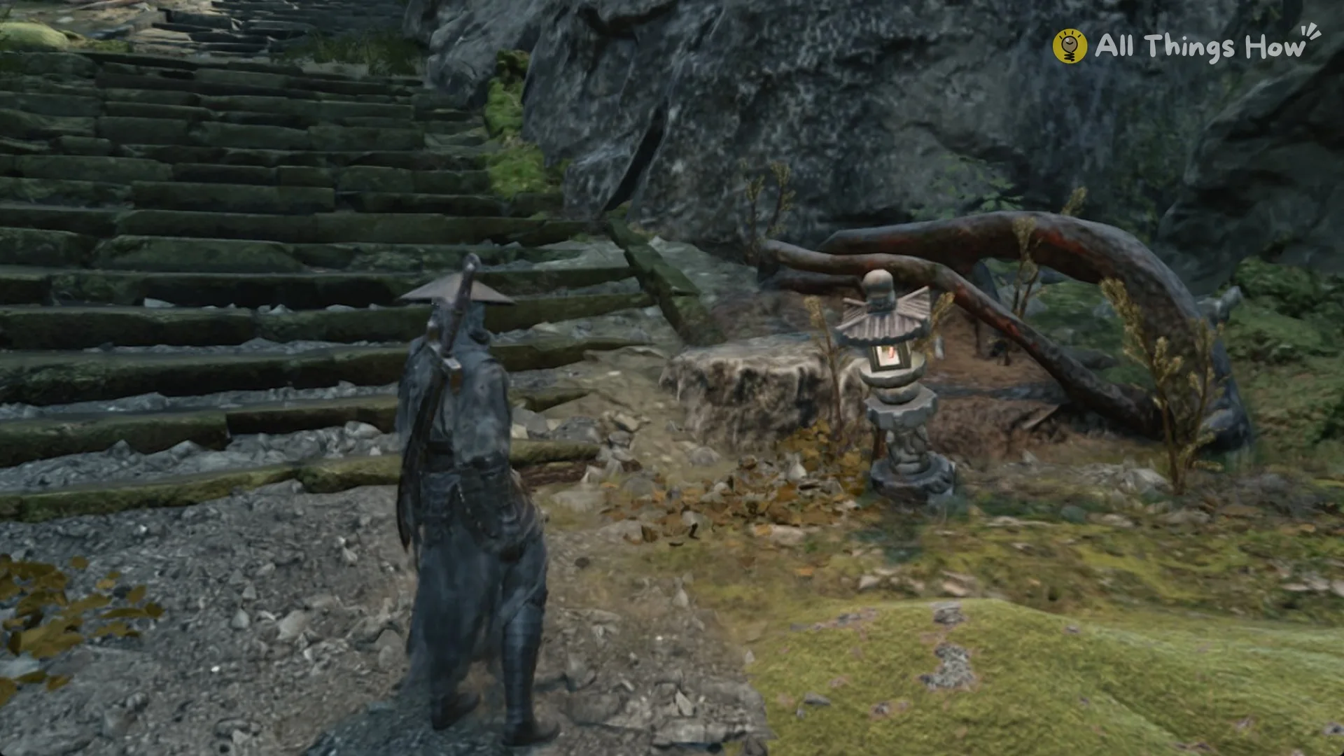 The stone stairs and lantern behind the Rustblade Pavilion Bell in Phantom Blade Zero