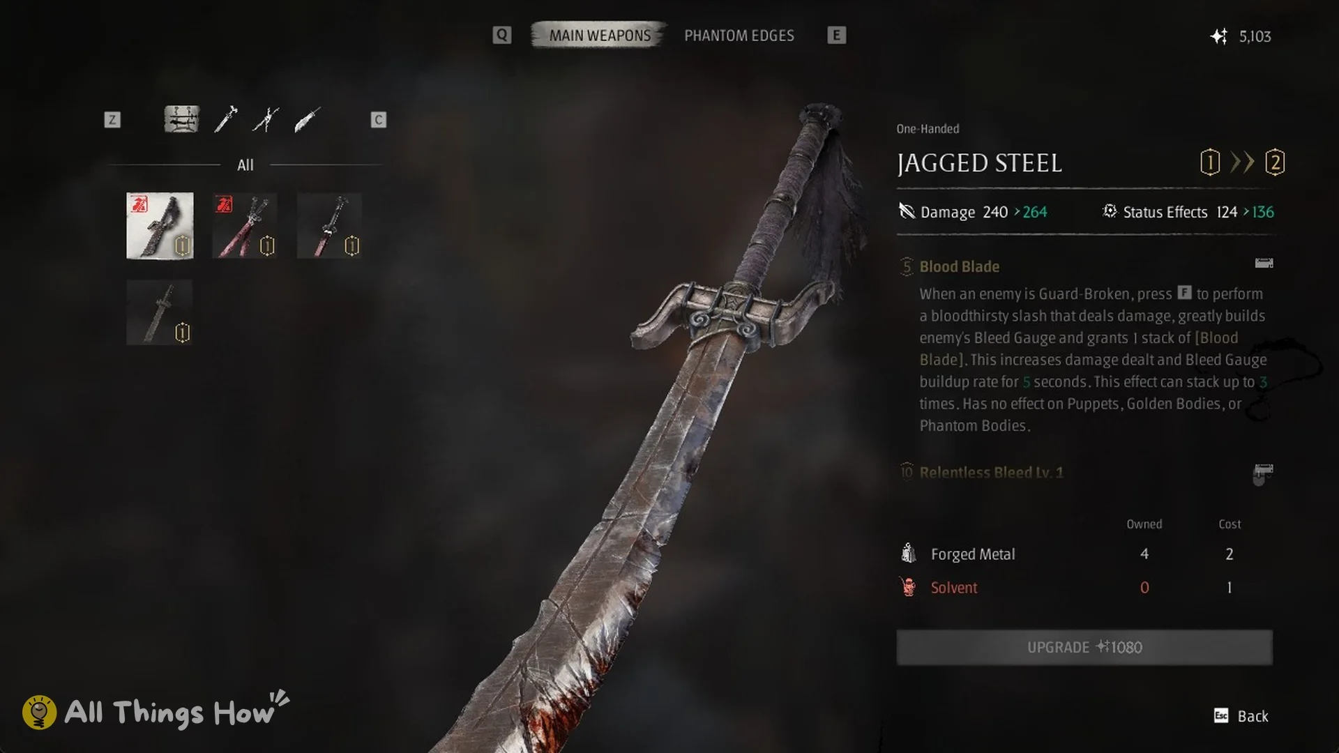 Jagged Steel Lv. 1 to Lv. 2 costs with Solvent shown in red in Phantom Blade Zero