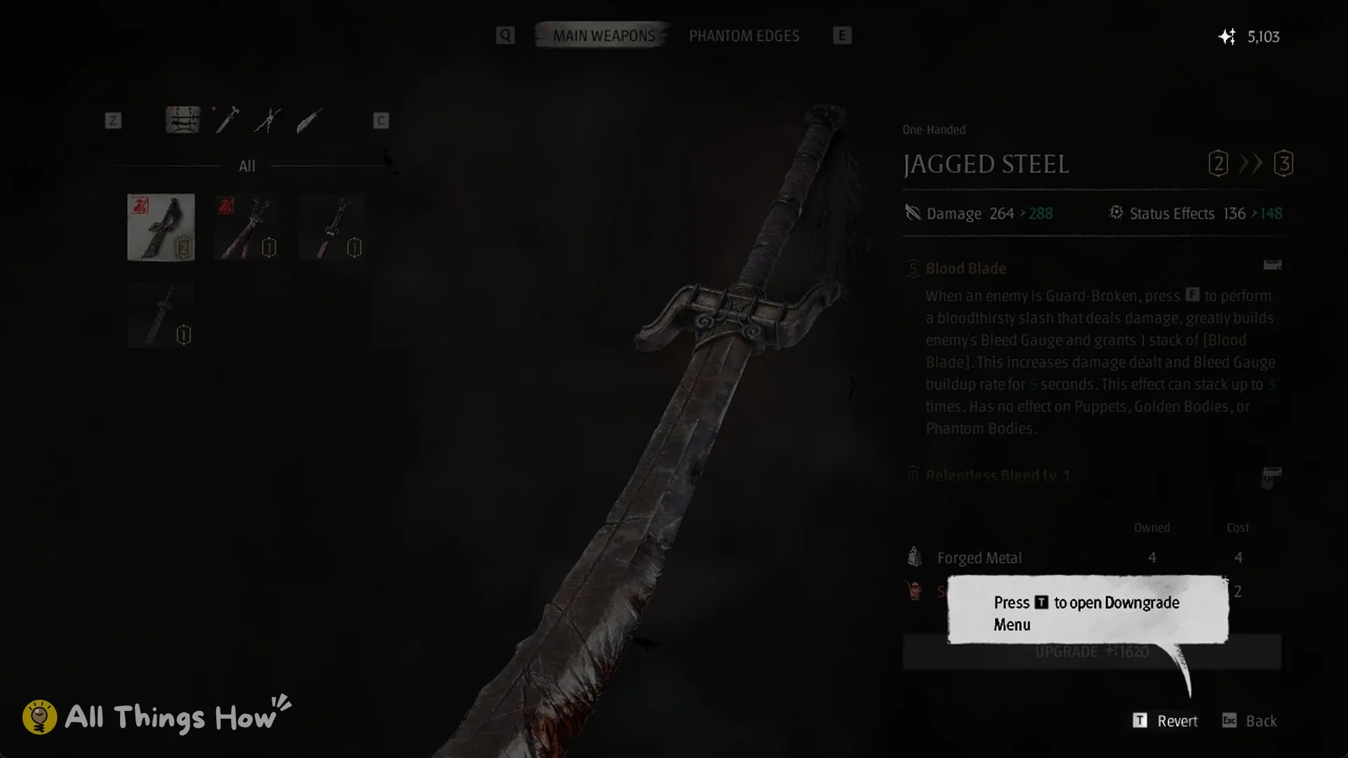 Jagged Steel Lv. 2 to Lv. 3 costs and the Downgrade Menu prompt in Phantom Blade Zero