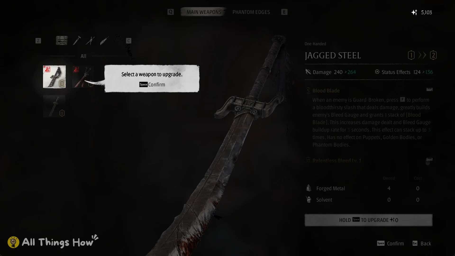 The upgrade menu asking you to select a weapon in Phantom Blade Zero