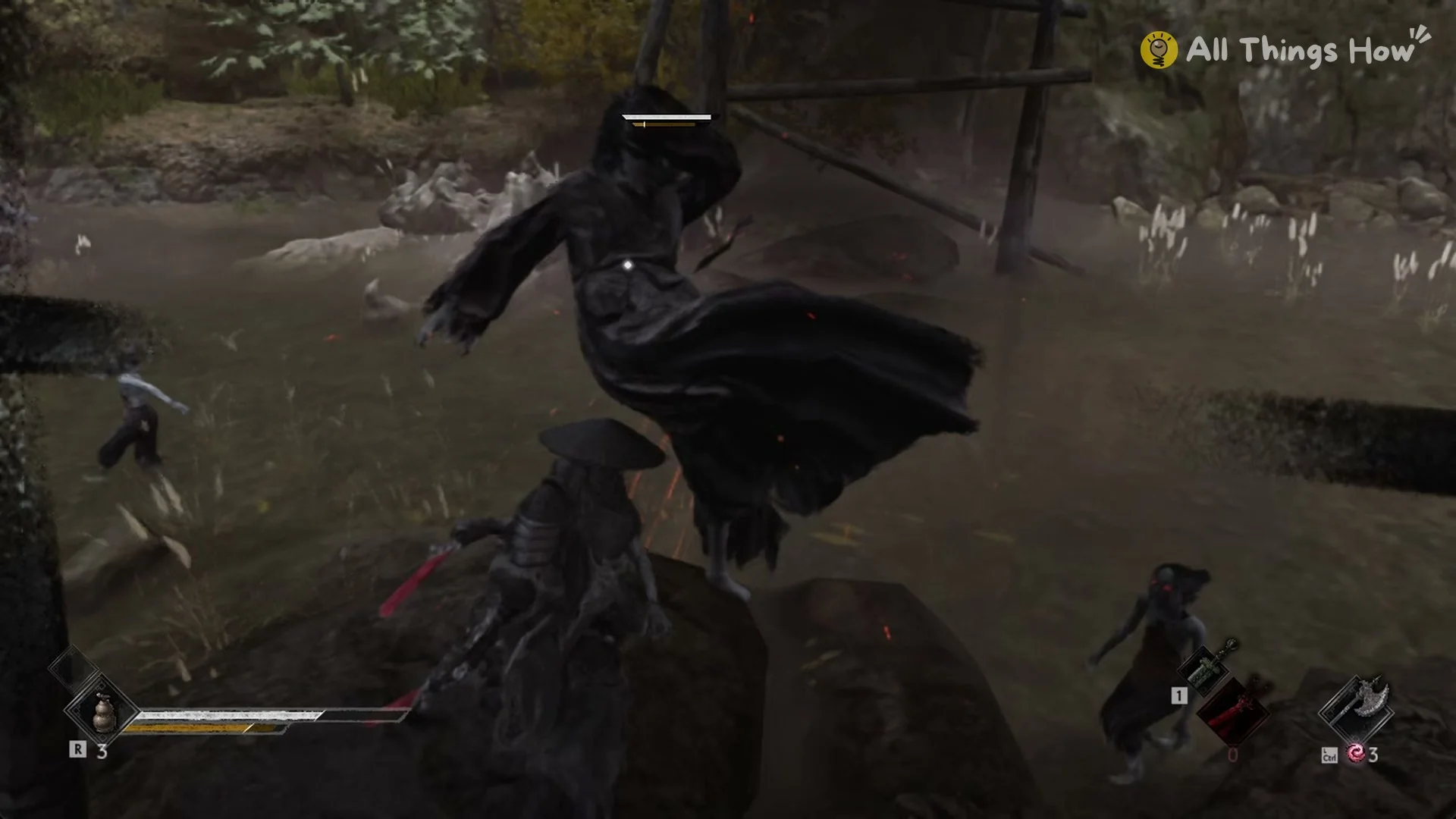 The Village Auntie lunging at Soul in the shallow stream, Phantom Blade Zero