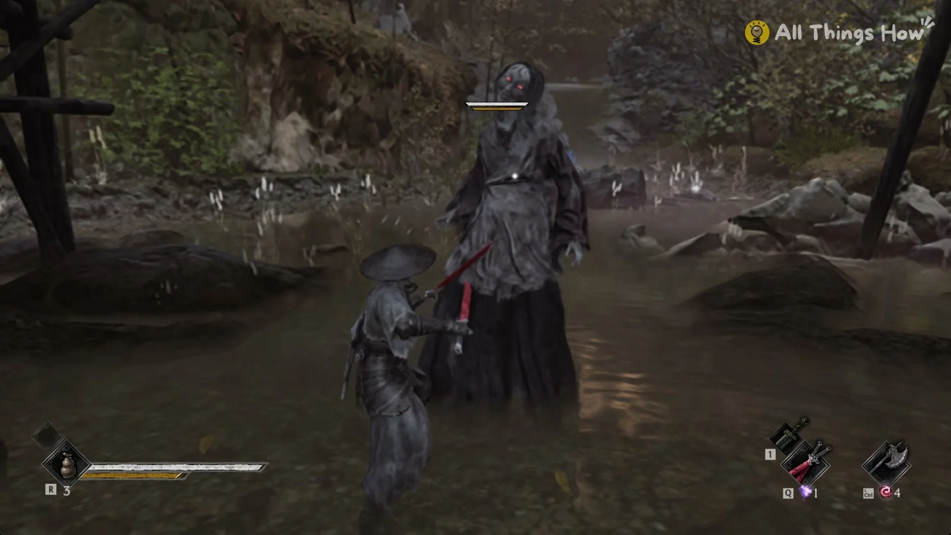 Soul facing the Village Auntie elite in the stream upstream of Master Bi Hai's arena, Phantom Blade Zero