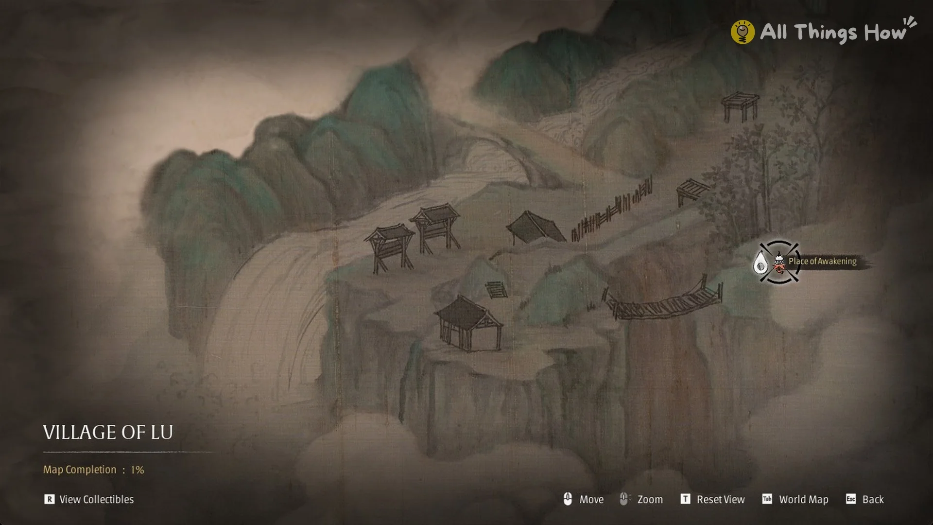 The Village of Lu map with the Place of Awakening bell icon, rope bridge and huts, Phantom Blade Zero