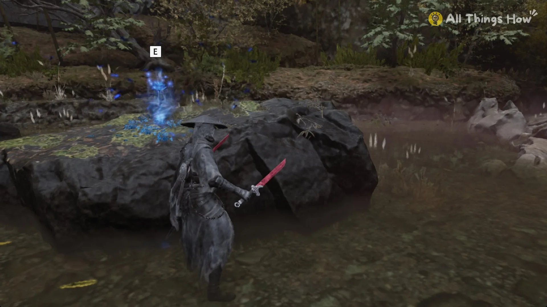 The Memory Flower on a flat rock by the stream with the E prompt, Phantom Blade Zero