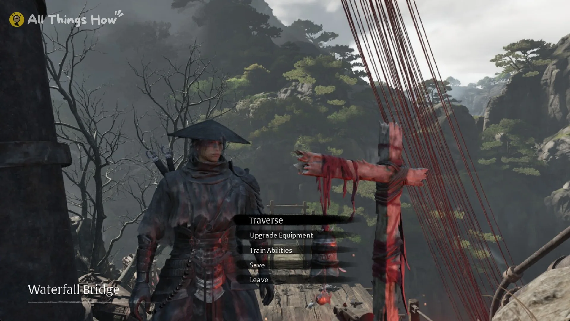 The Waterfall Bridge bell menu with Traverse, Upgrade Equipment, Train Abilities, Save and Leave in Phantom Blade Zero