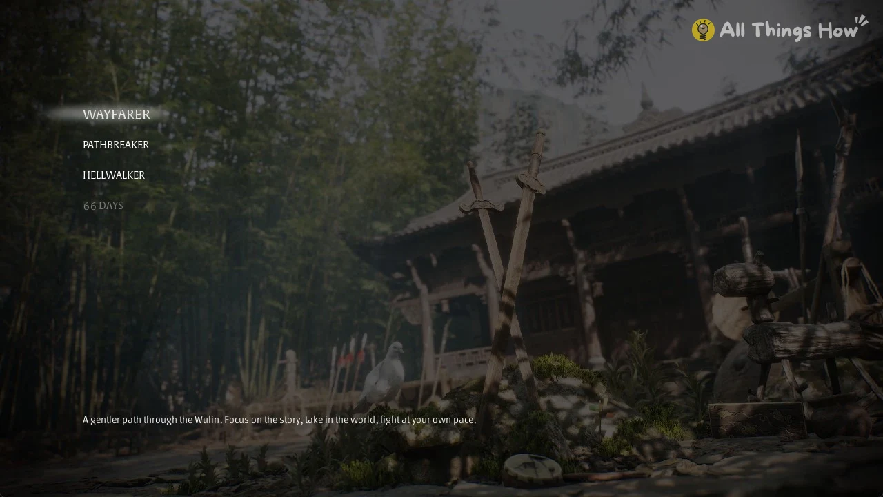Sunlit bamboo grove and temple with two wooden swords and a white dove, difficulty options listed at left.