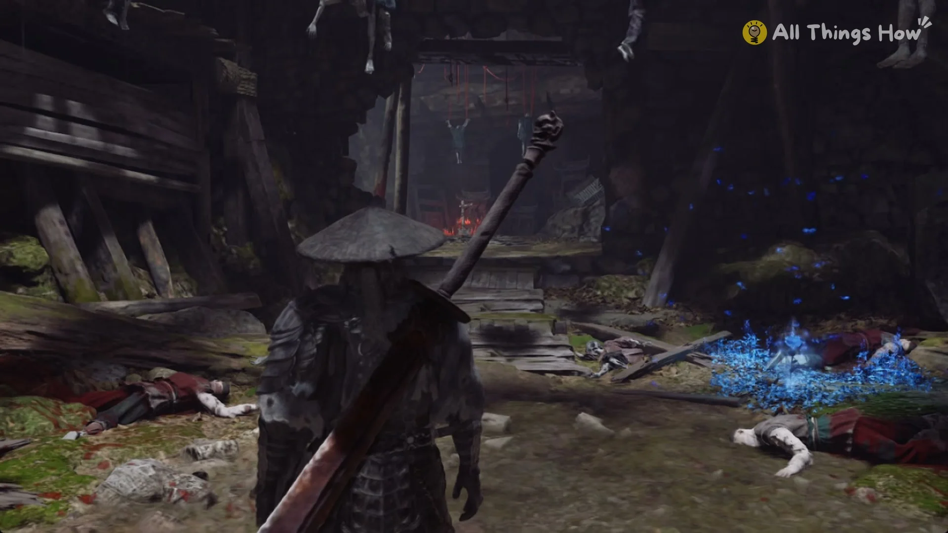 Soul in the timber-shored cave at the bottom of the well with blue petals ahead, Phantom Blade Zero