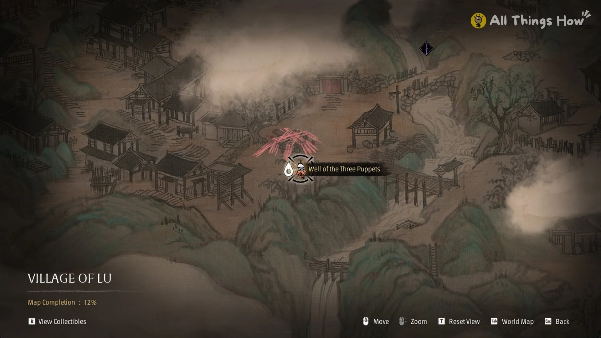 The Village of Lu map with the Well of the Three Puppets bell and Map Completion 12%, Phantom Blade Zero