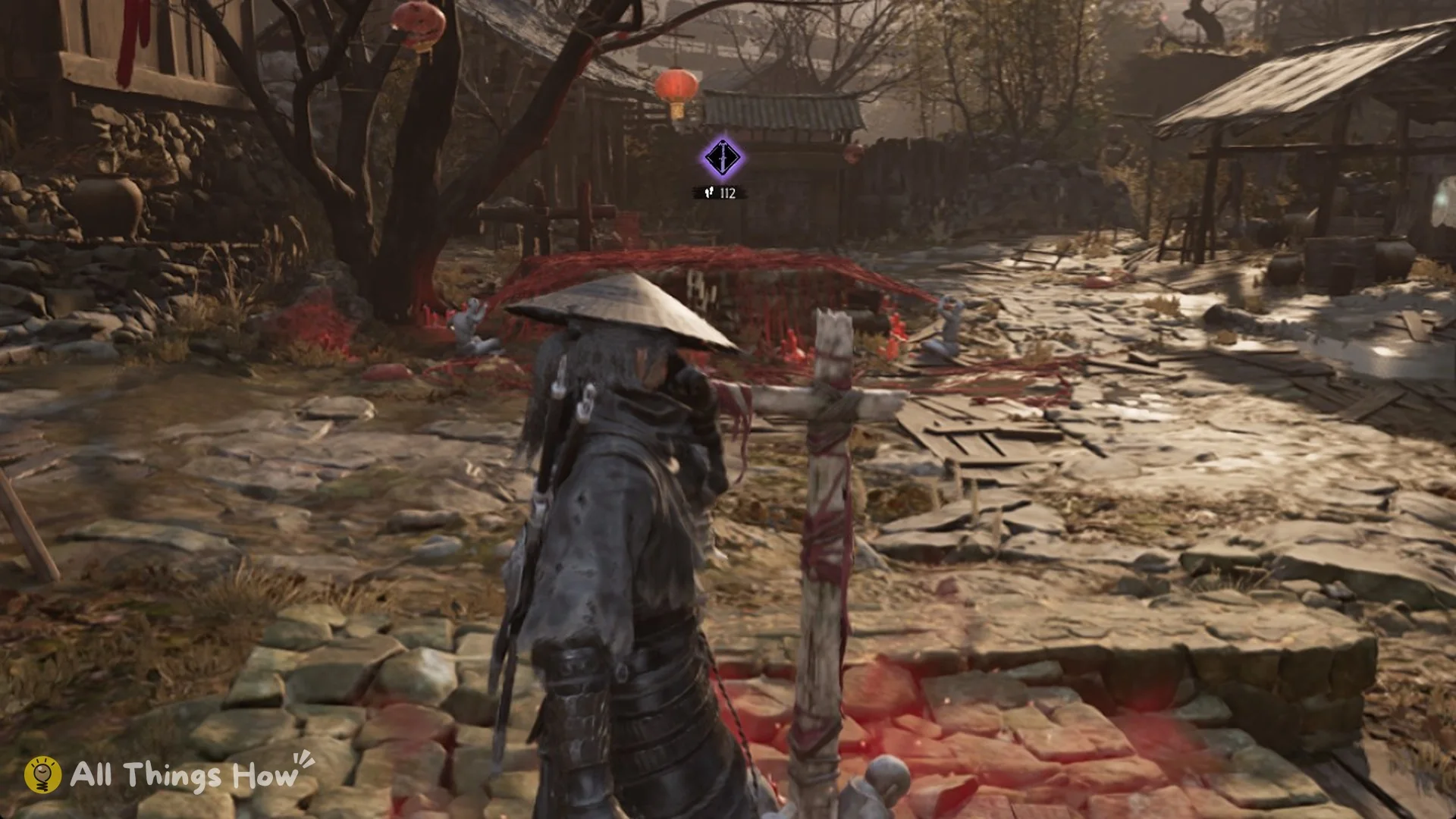 A purple Mind's Eye marker over the village at the Well of the Three Puppets, Phantom Blade Zero