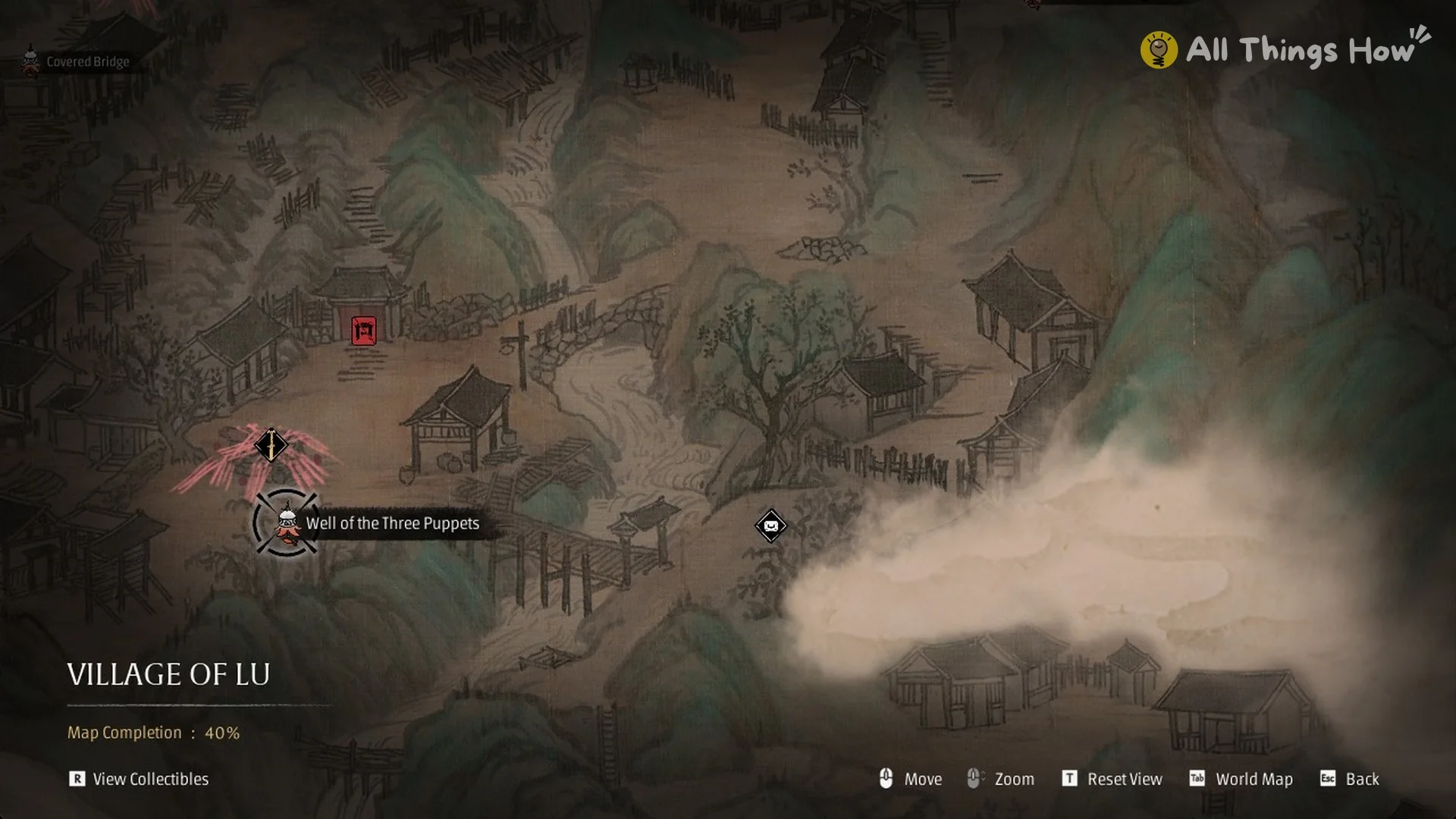 The Village of Lu Traverse map with the Well of the Three Puppets bell selected, Phantom Blade Zero