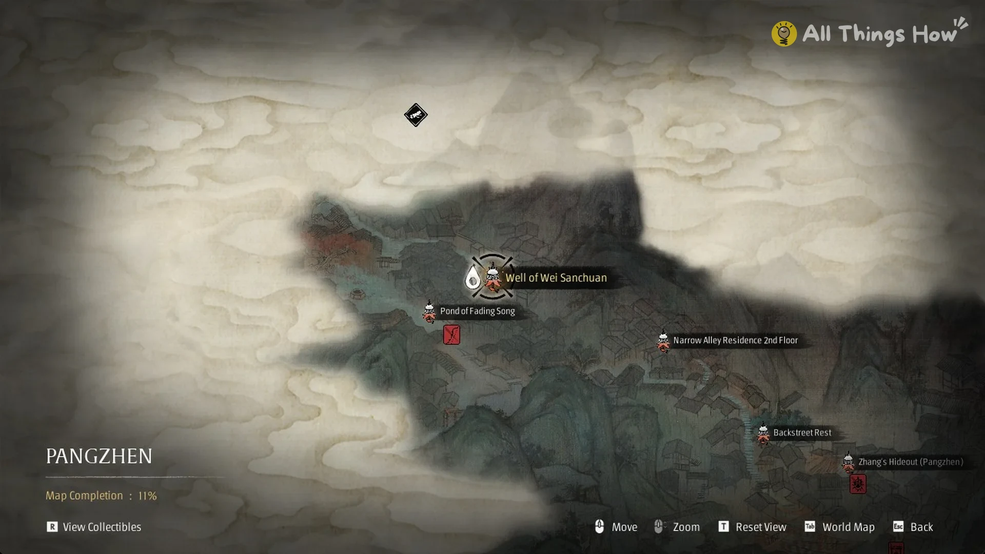 Pangzhen map with the Well of Wei Sanchuan bell beside the Pond of Fading Song in Phantom Blade Zero