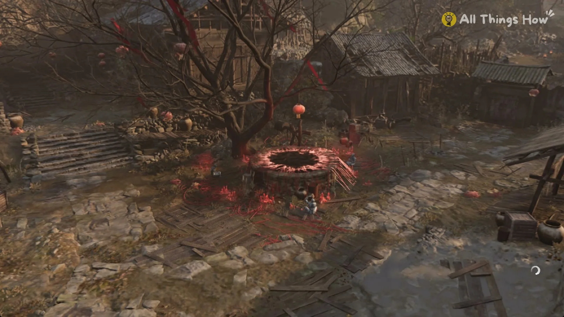 The well at the village entrance as its red threads fall away, Phantom Blade Zero