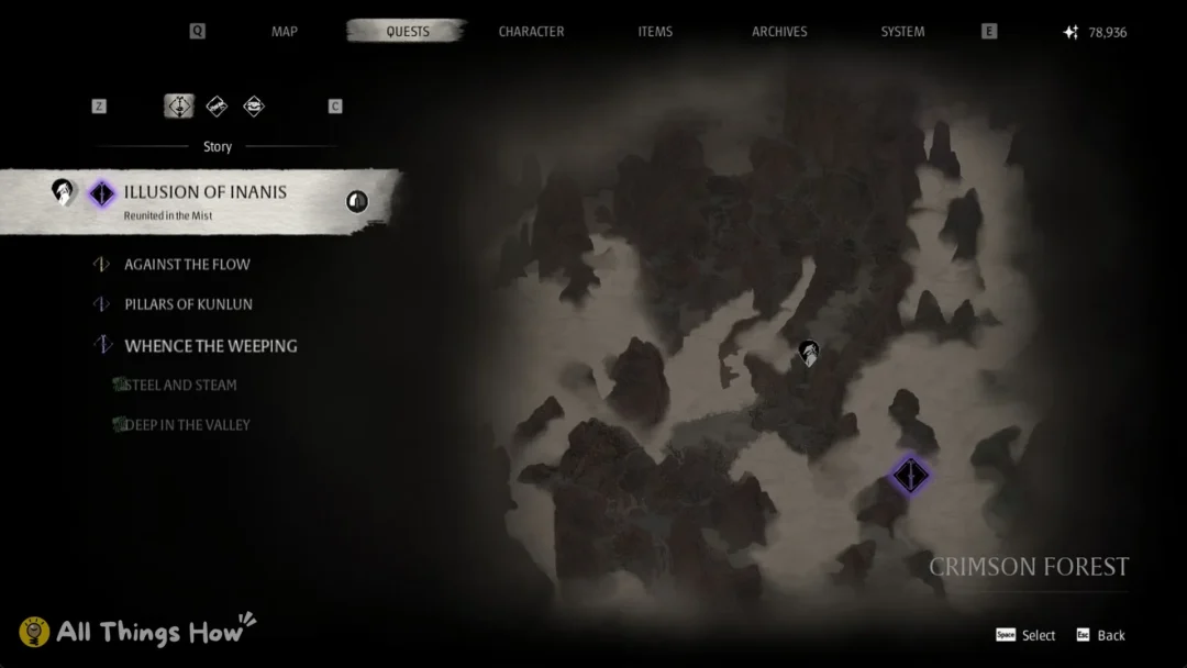 Quests menu Story list in Crimson Forest with Whence the Weeping among the main quests, Phantom Blade Zero