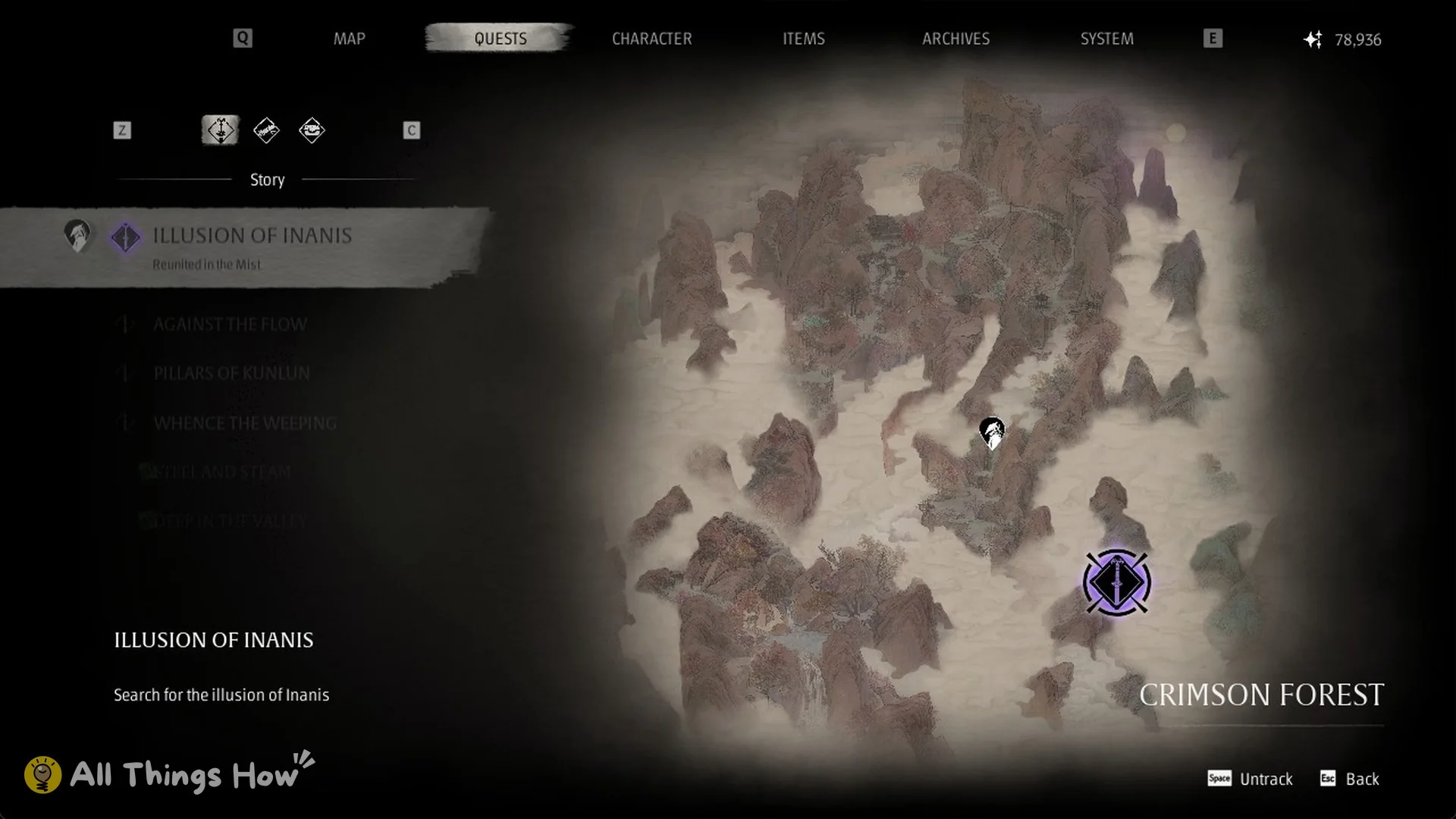 Tracked Illusion of Inanis quest detail with Untrack and Back options, Phantom Blade Zero