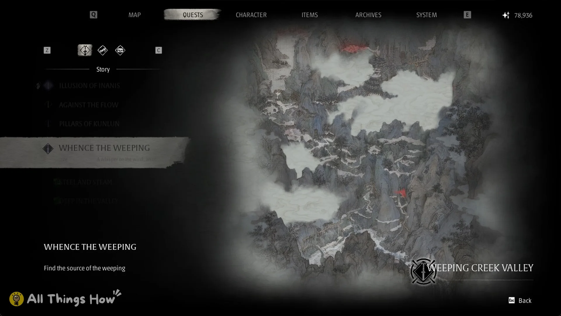 Whence the Weeping detail pane with the objective Find the source of the weeping and the Weeping Creek Valley map, Phantom Blade Zero