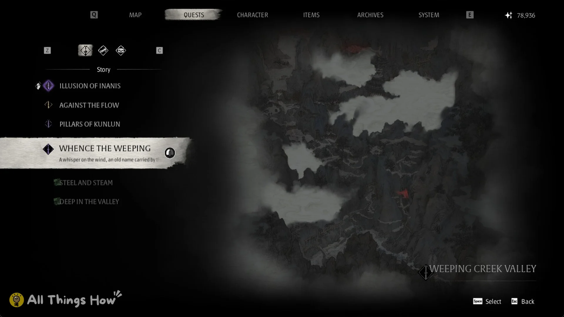 Quests menu Story list with Whence the Weeping highlighted, Phantom Blade Zero