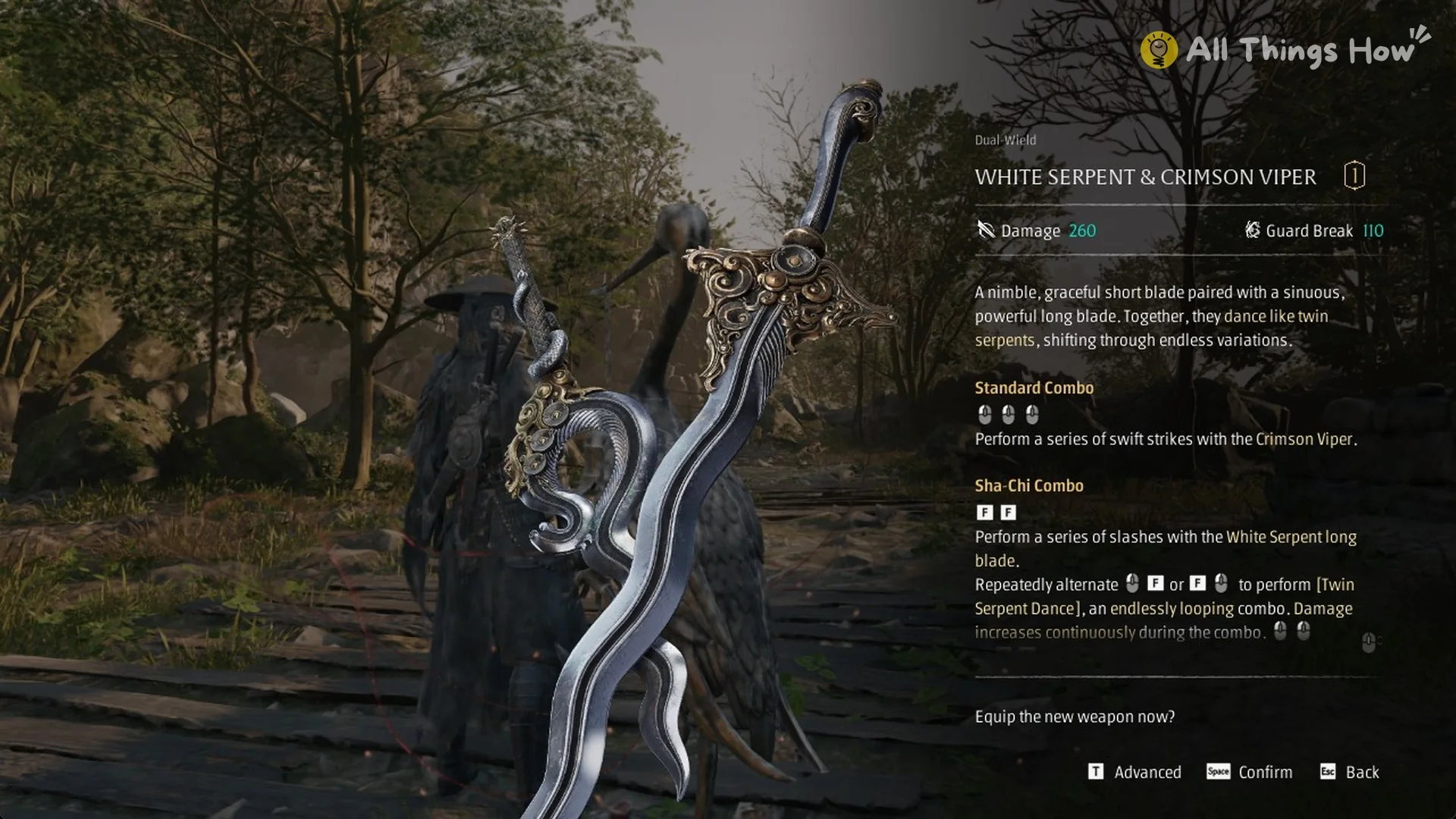The White Serpent and Crimson Viper Dual-Wield weapon card with Damage 260 and Guard Break 110, Phantom Blade Zero