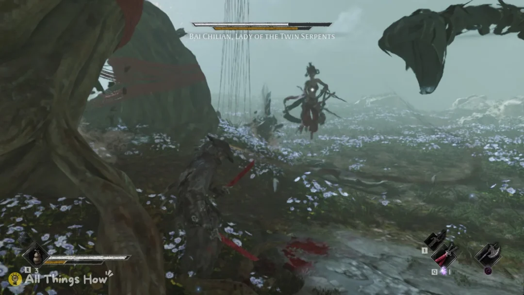 Bai Chilian, Lady of the Twin Serpents, with a giant serpent rising behind her, Phantom Blade Zero