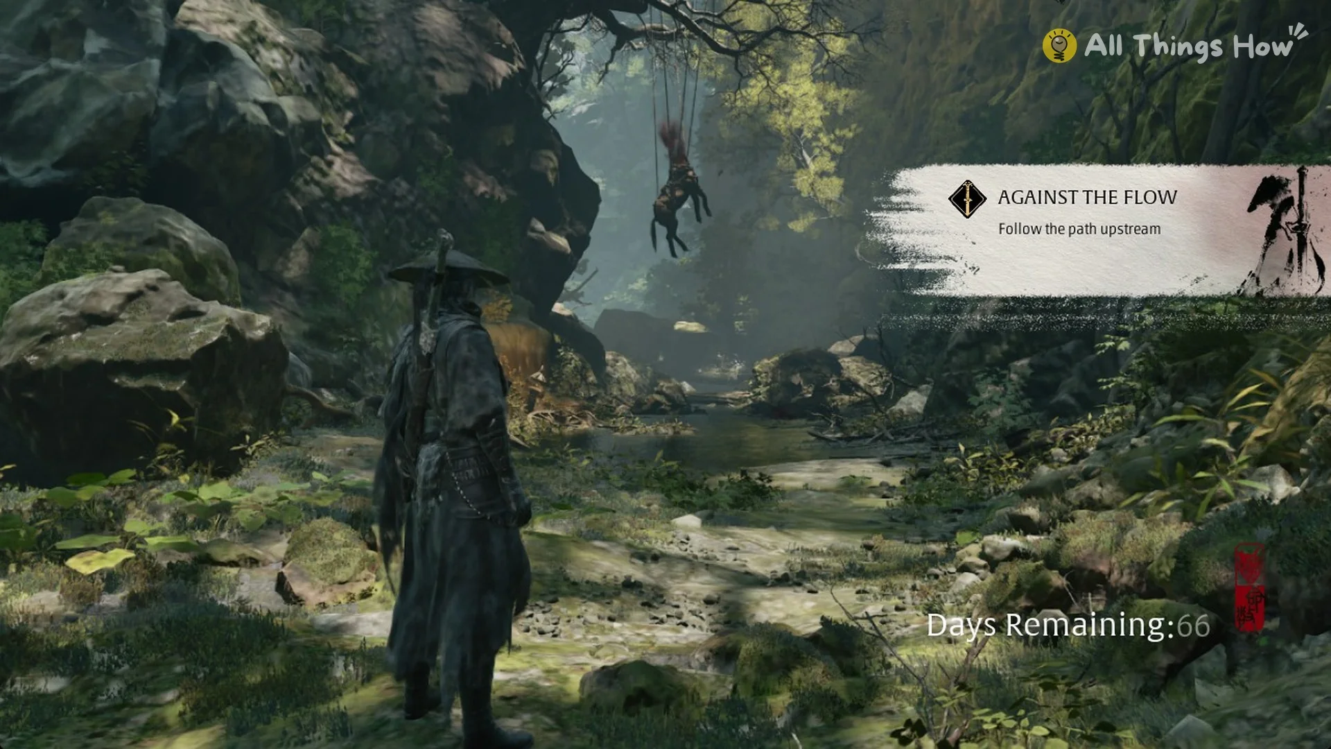 Soul in a straw hat on a jungle path with the Against the Flow chapter card and Days Remaining 66 in Phantom Blade Zero