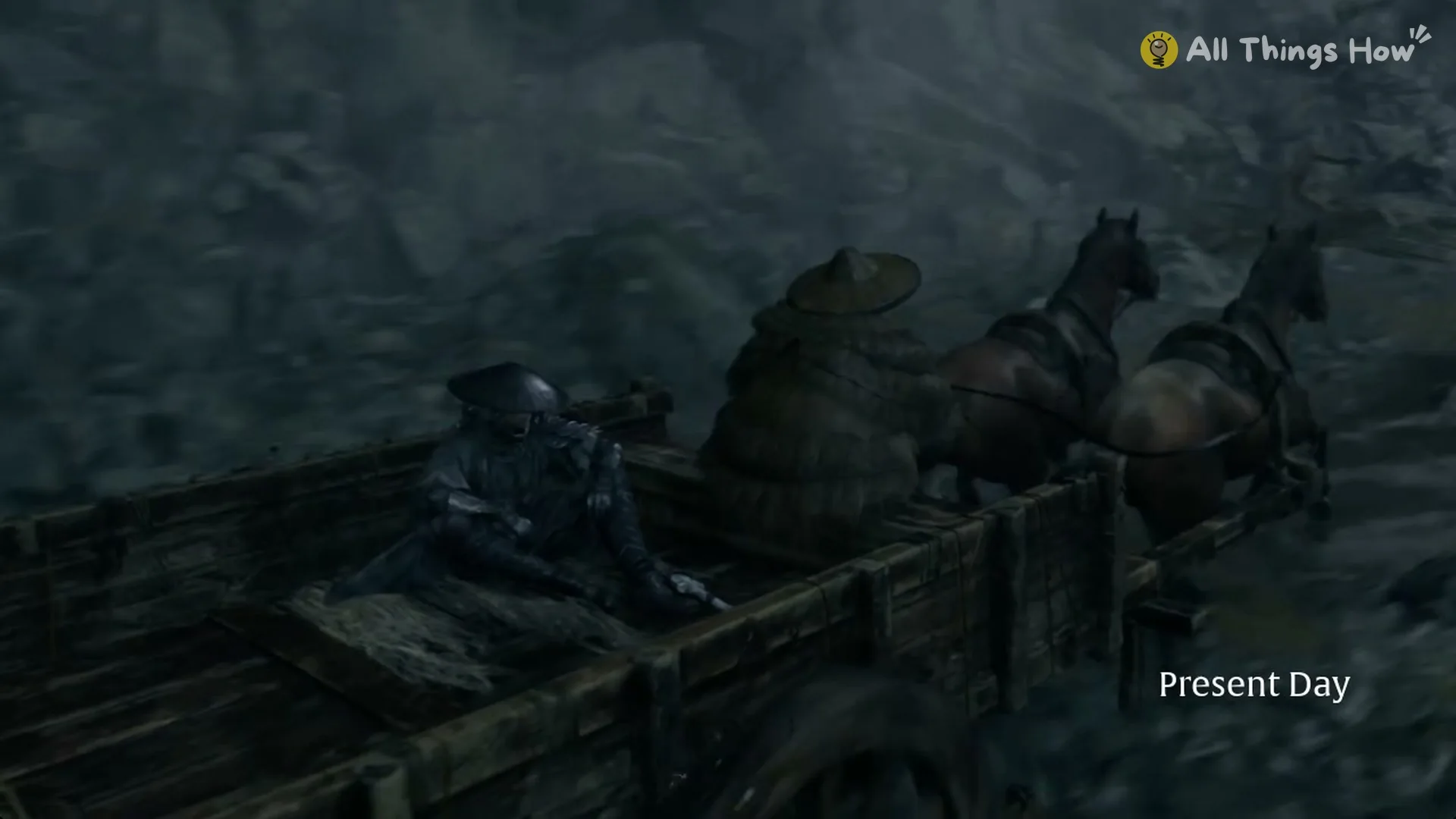 Soul riding in the back of a horse-drawn cart in the rain under the Present Day caption in Phantom Blade Zero