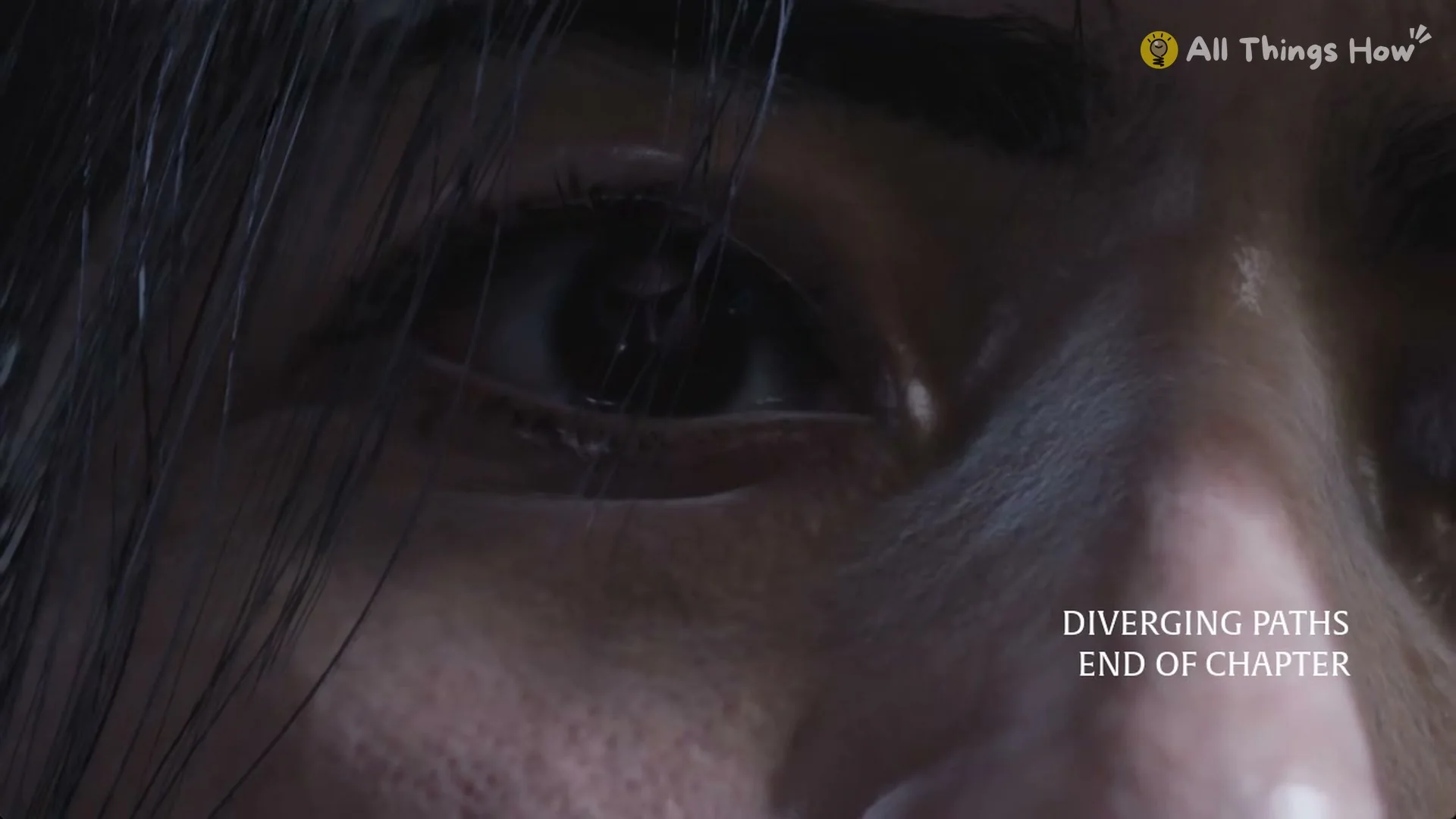 Close-up of Soul's eye with the Diverging Paths end of chapter card in Phantom Blade Zero