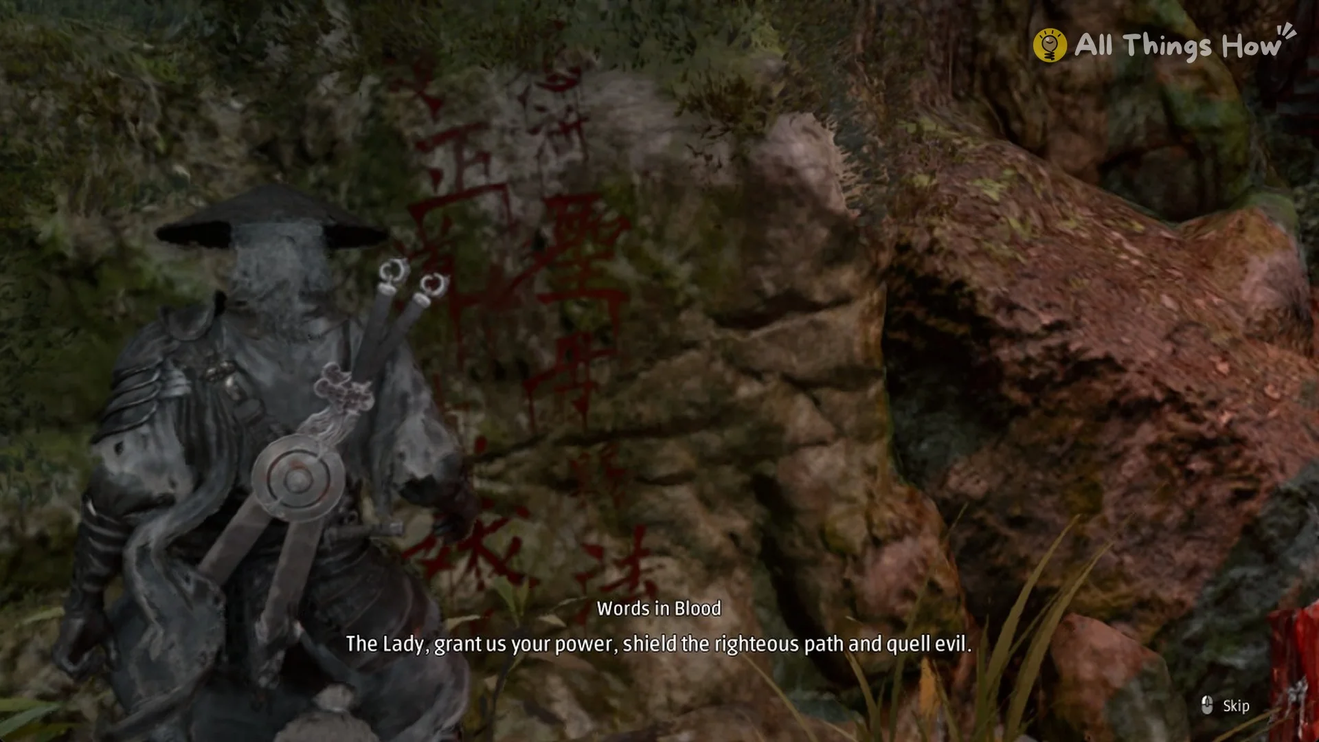 Words in Blood red writing beside the roadside shrine in Phantom Blade Zero
