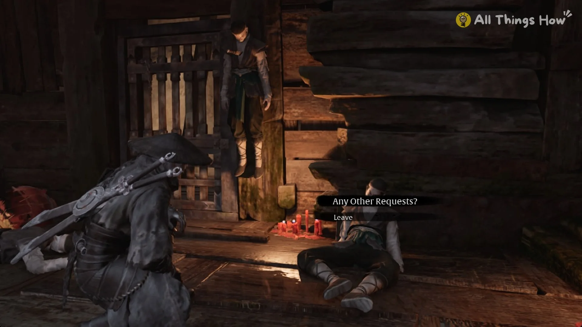 The Wounded Thief by the barred gate with the Any Other Requests? and Leave options, Phantom Blade Zero